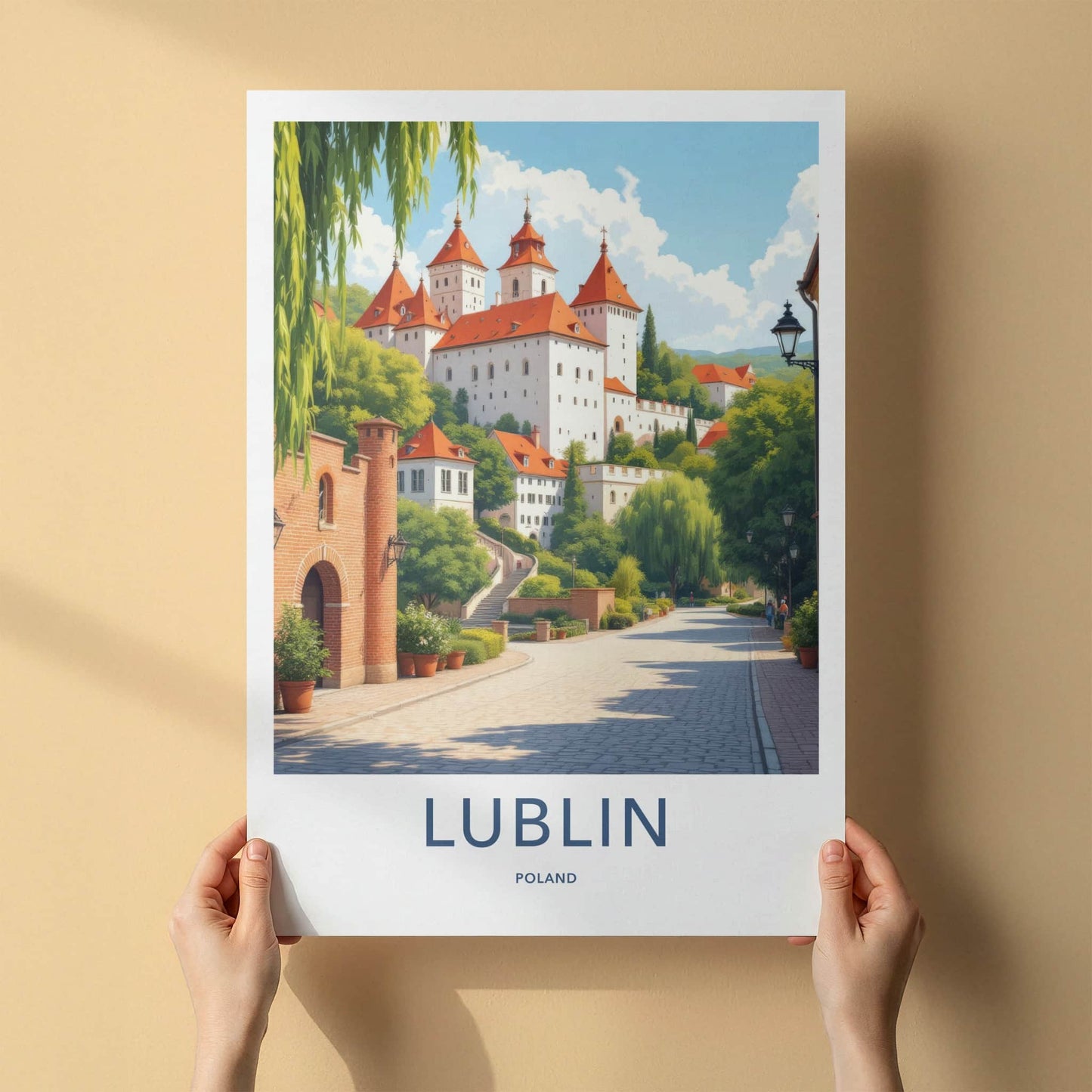 Lublin Poster - Poland Travel Art - White Castle Red Roofs Home Decor