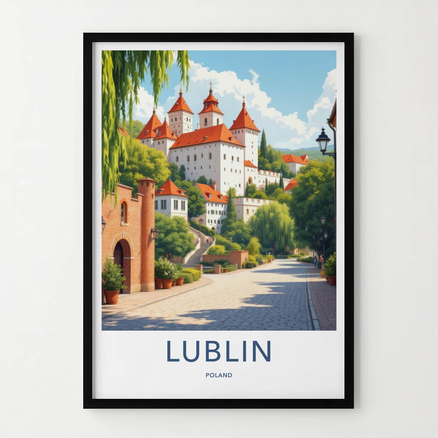 Lublin Poster - Poland Travel Art - White Castle Red Roofs Home Decor