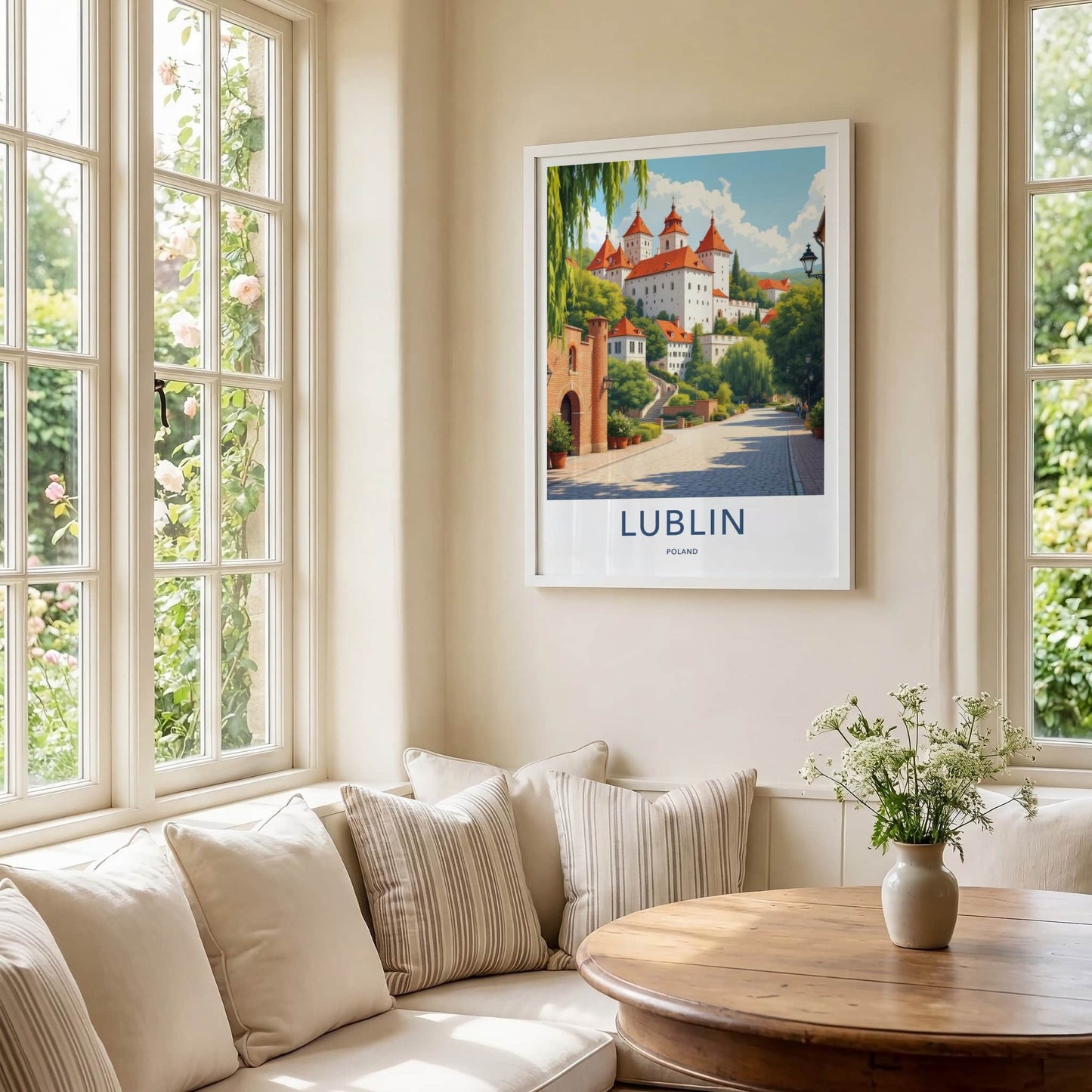 Lublin Poster - Poland Travel Art - White Castle Red Roofs Home Decor