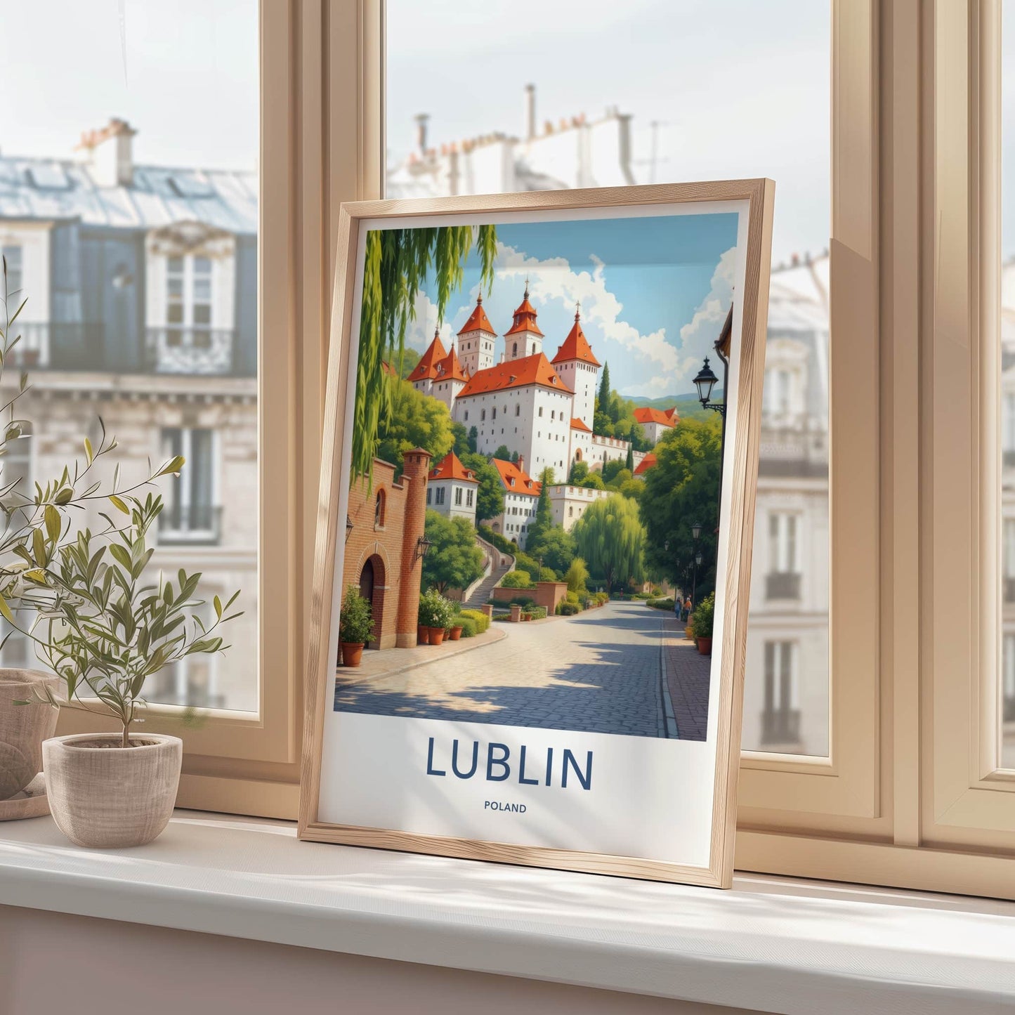 Lublin Poster - Poland Travel Art - White Castle Red Roofs Home Decor
