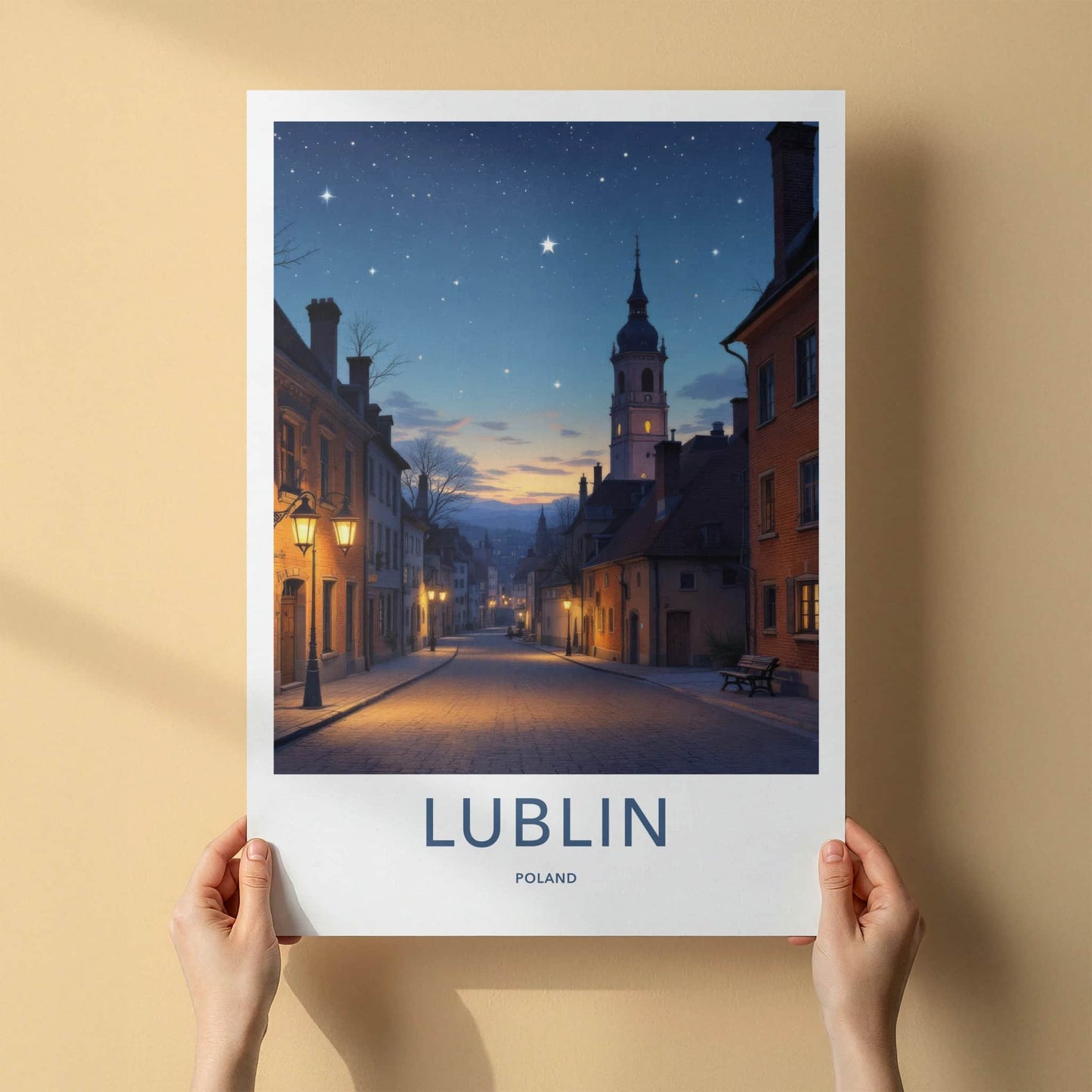 Lublin Poster - Poland Travel Print - Starry Street Evening Home Decor