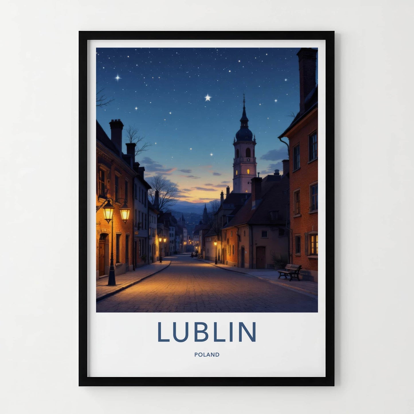 Lublin Poster - Poland Travel Print - Starry Street Evening Home Decor