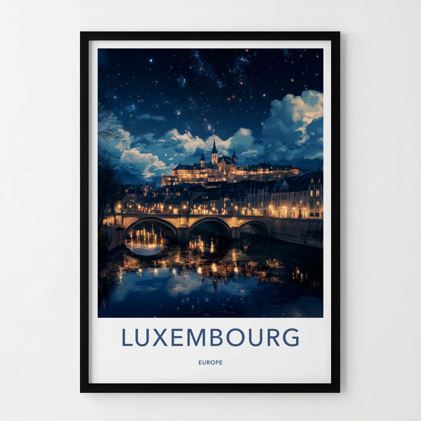 Luxembourg Poster - Luxembourg Art Print - Illuminated River Bridge Home Decor