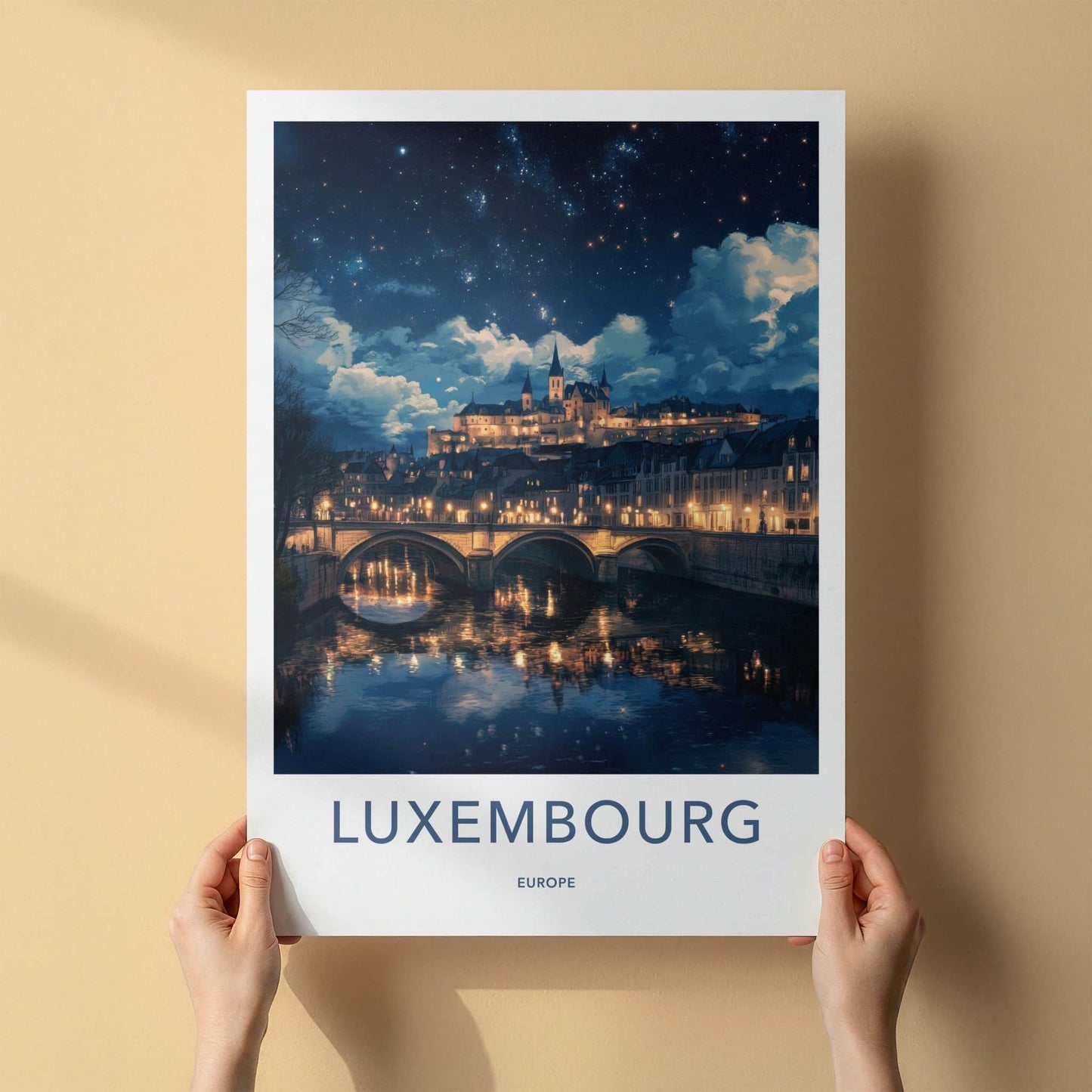 Luxembourg Poster - Luxembourg Art Print - Illuminated River Bridge Home Decor