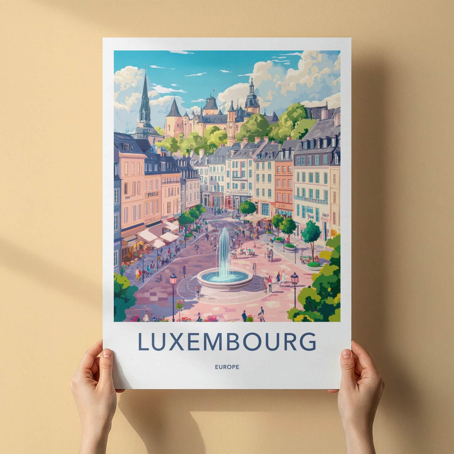 Luxembourg Poster - Luxembourg Travel Art - Fountain Cityscape Castle Wall Decor