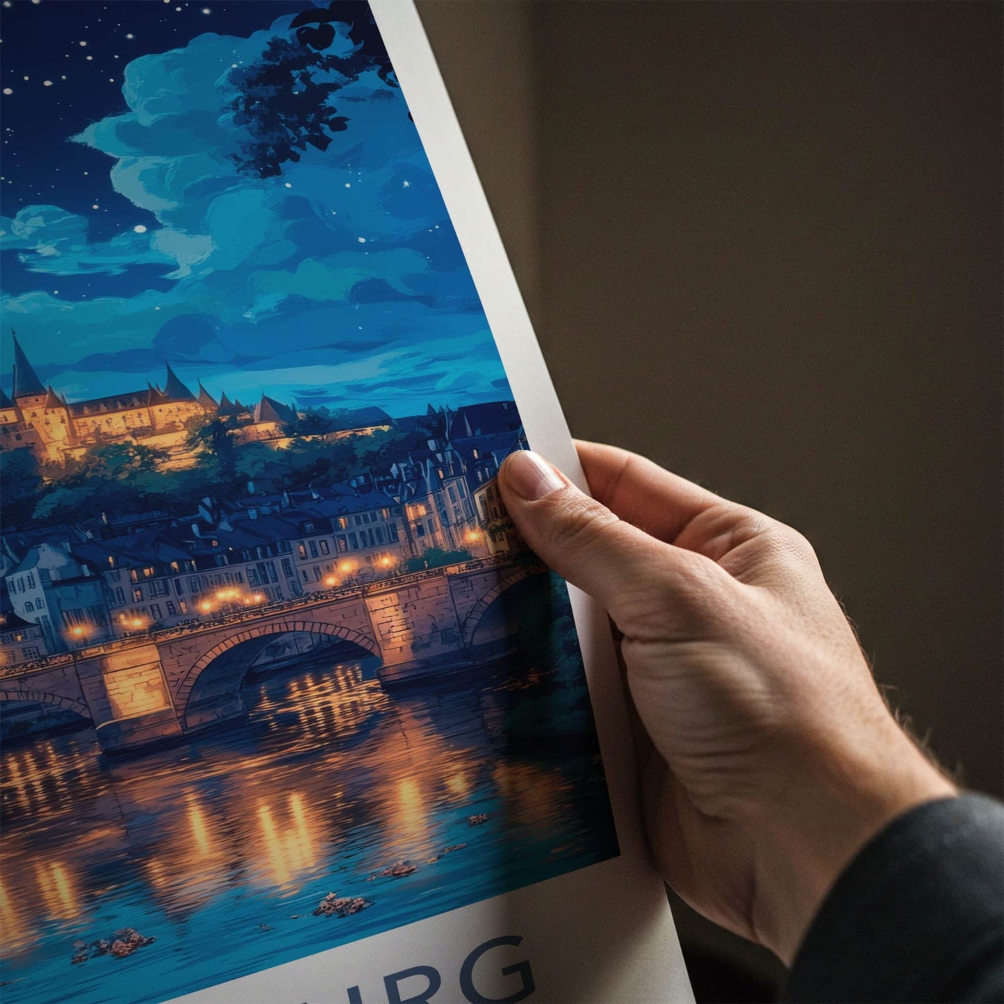 Luxembourg Poster - Luxembourg Travel Art - Illuminated River City Wall Decor