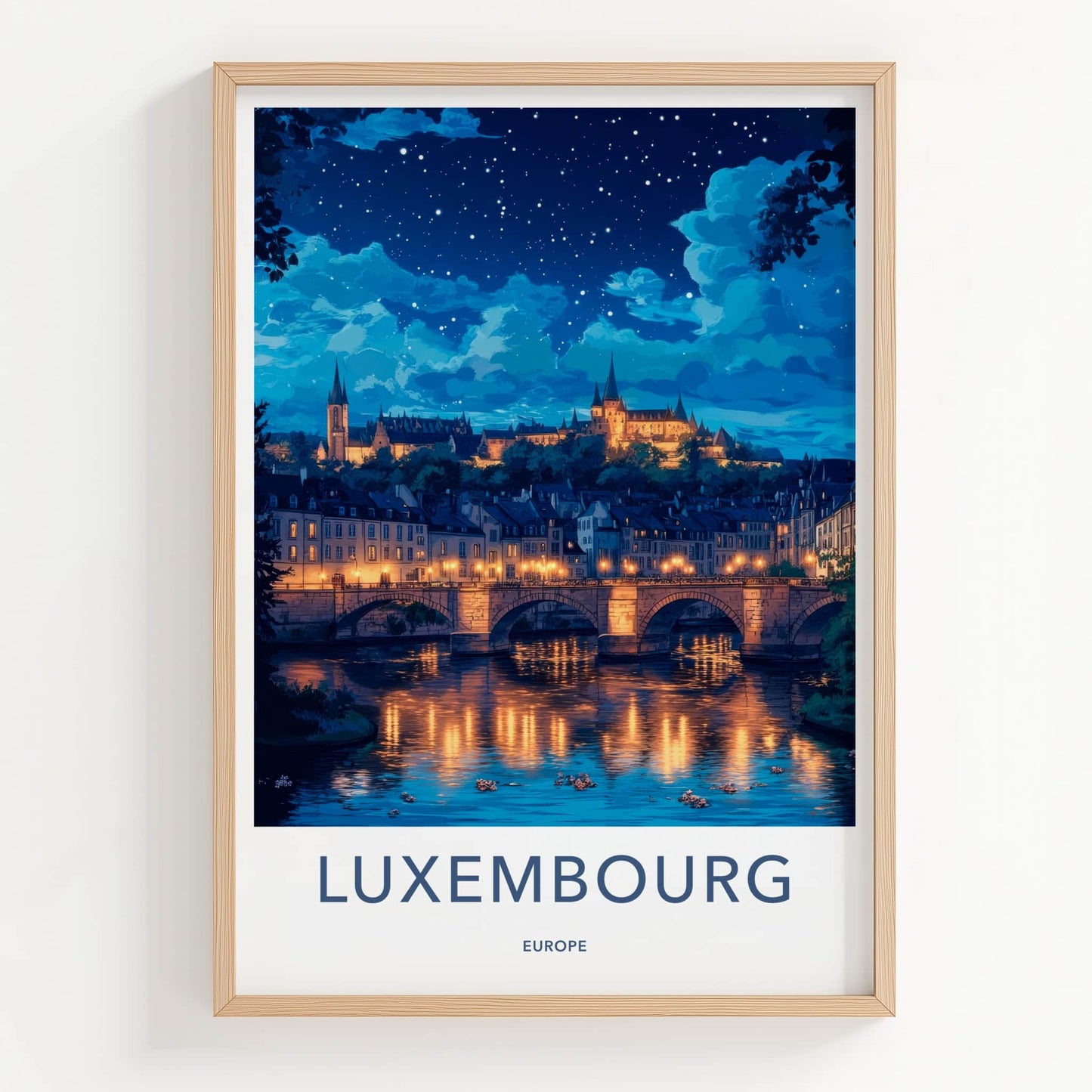Luxembourg Poster - Luxembourg Travel Art - Illuminated River City Wall Decor