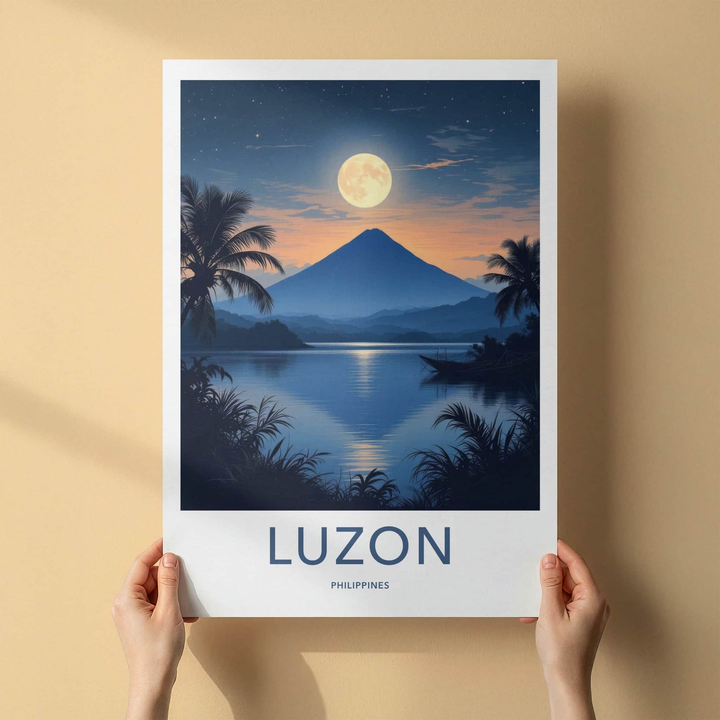 Luzon Poster - Philippines Travel Art - Moonlit Volcano Lake Home Decor