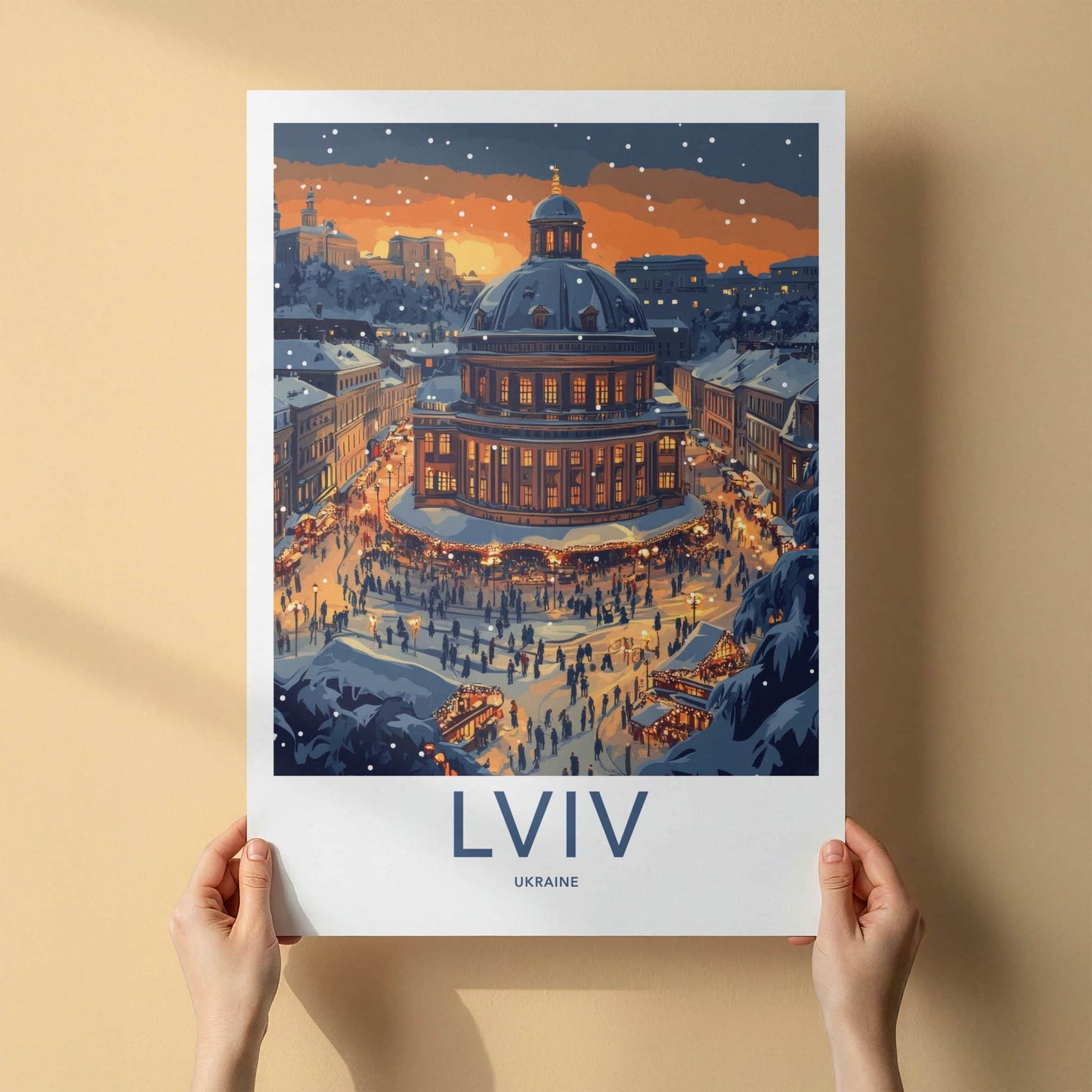 Lviv Poster - Ukraine Wall Art - Snowy Market Night Gift