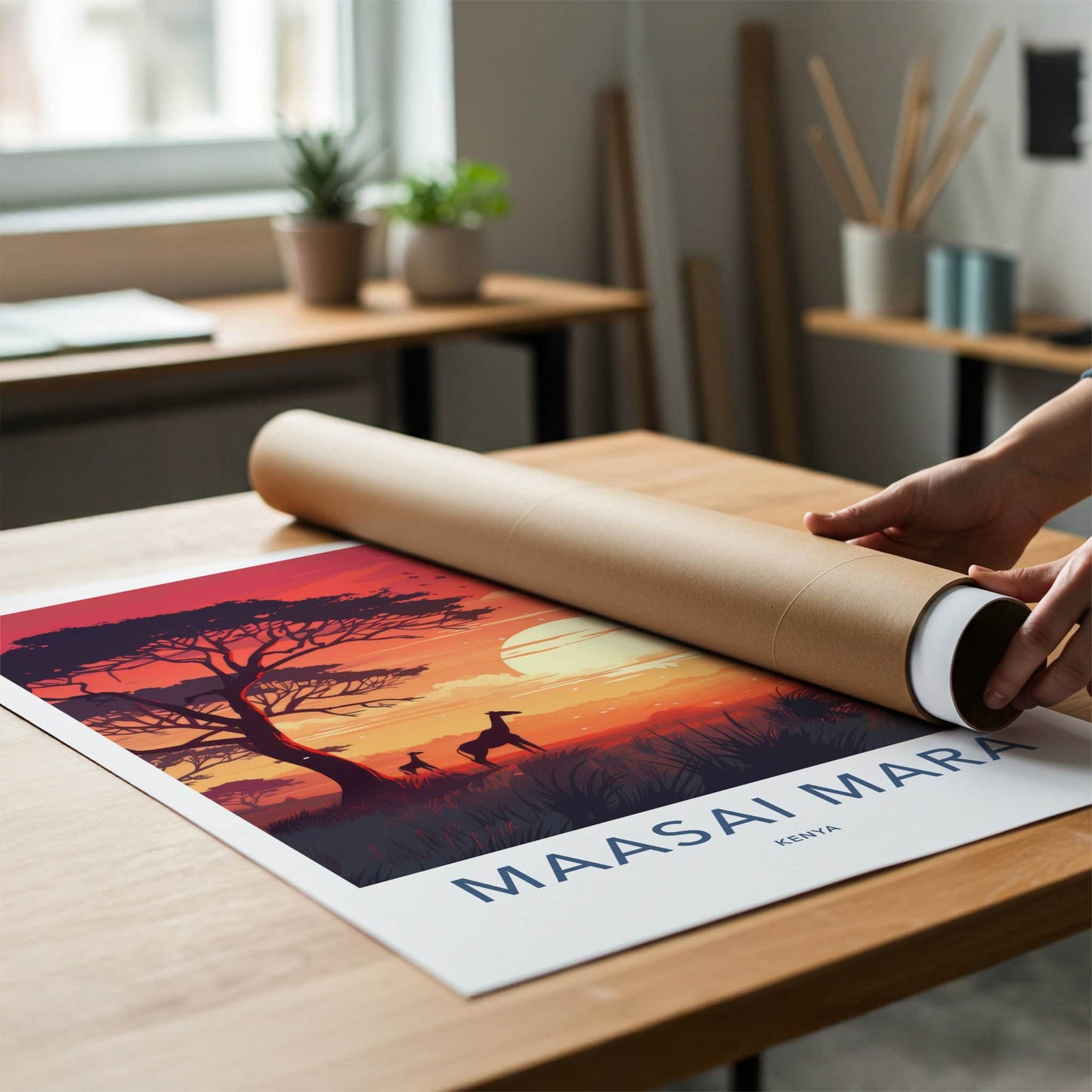 Maasai Mara Poster - Kenya Travel Art - Acacia Giraffes Sunset Home Decor