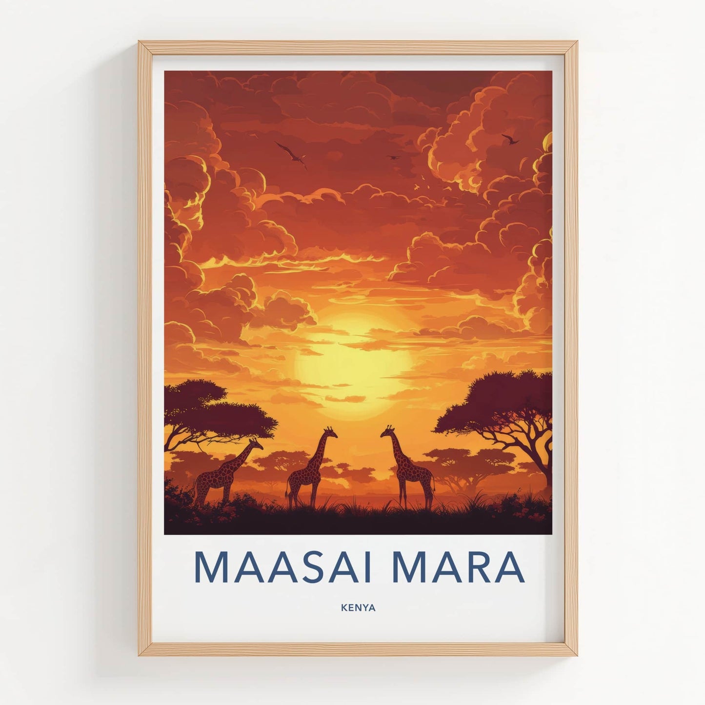 Maasai Mara Poster - Kenya Travel Art - African Giraffe Sunset Home Decor