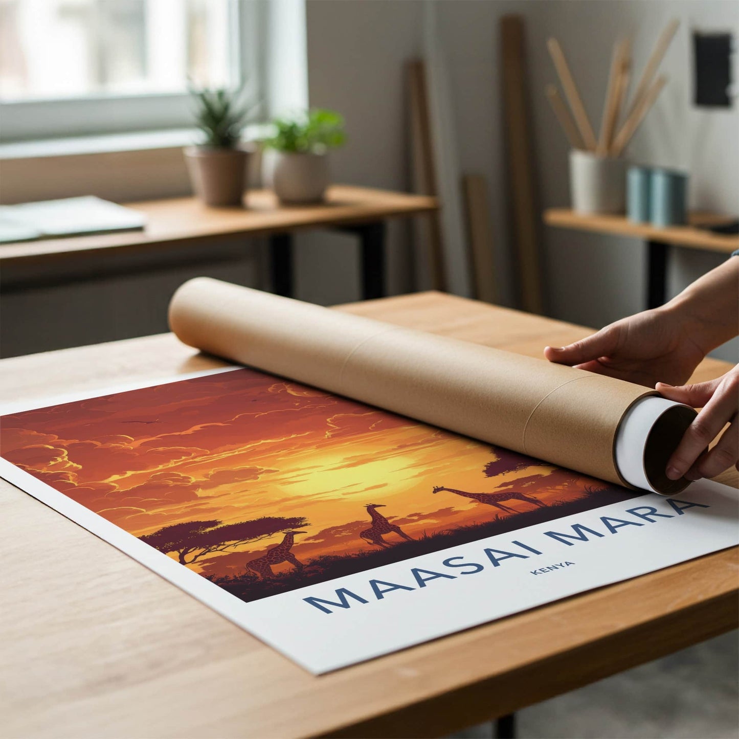 Maasai Mara Poster - Kenya Travel Art - African Giraffe Sunset Home Decor