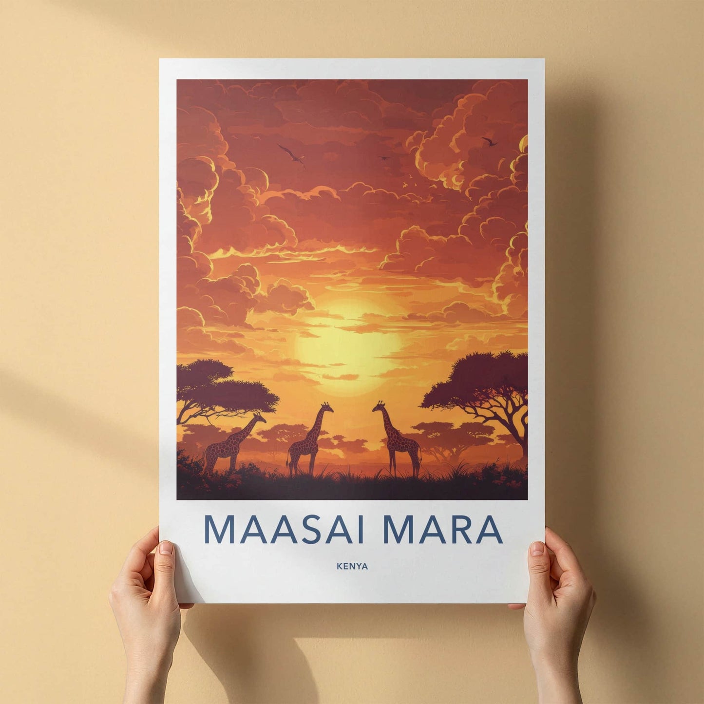 Maasai Mara Poster - Kenya Travel Art - African Giraffe Sunset Home Decor