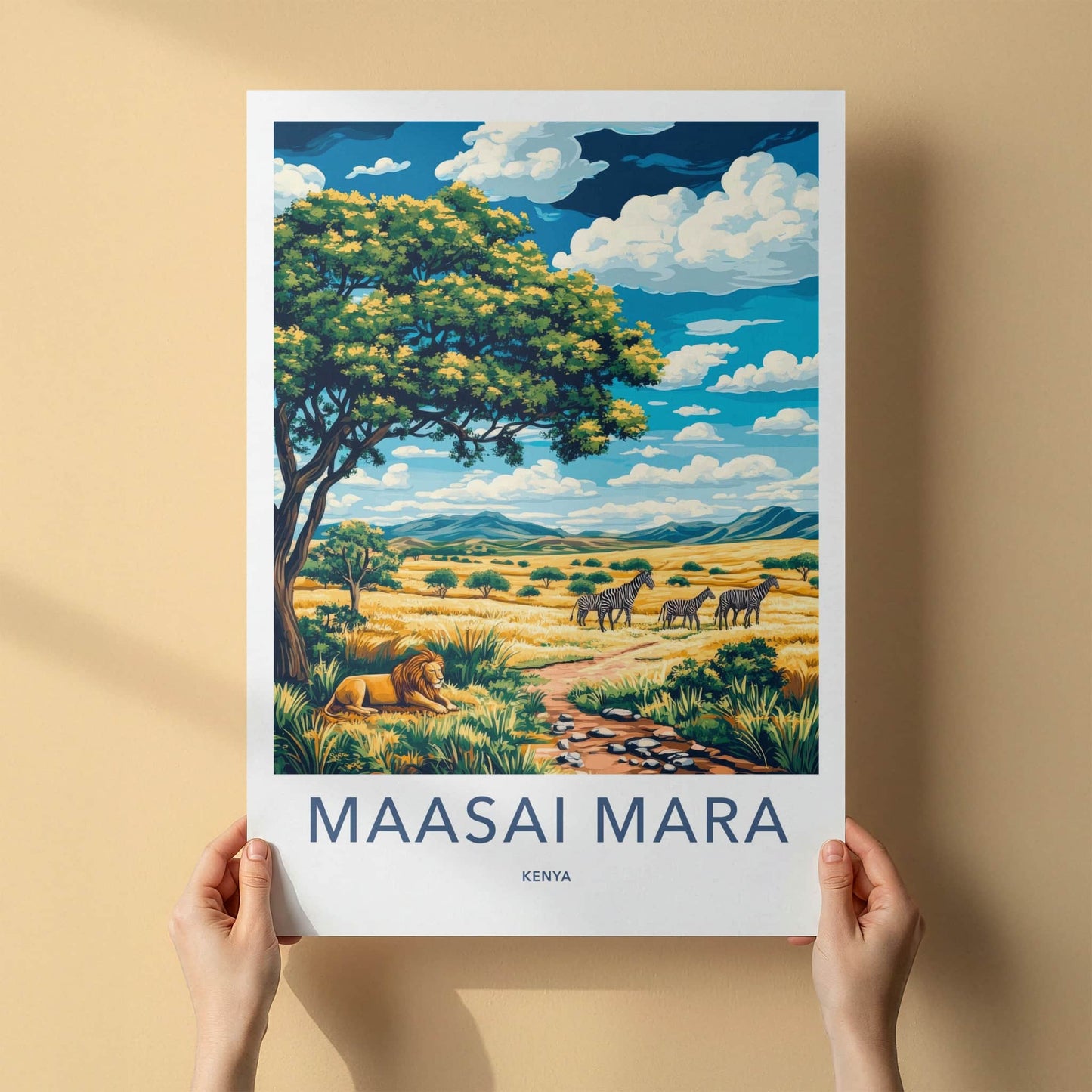 Maasai Mara Poster - Kenya Travel Art - Lion Zebra Savanna Home Decor