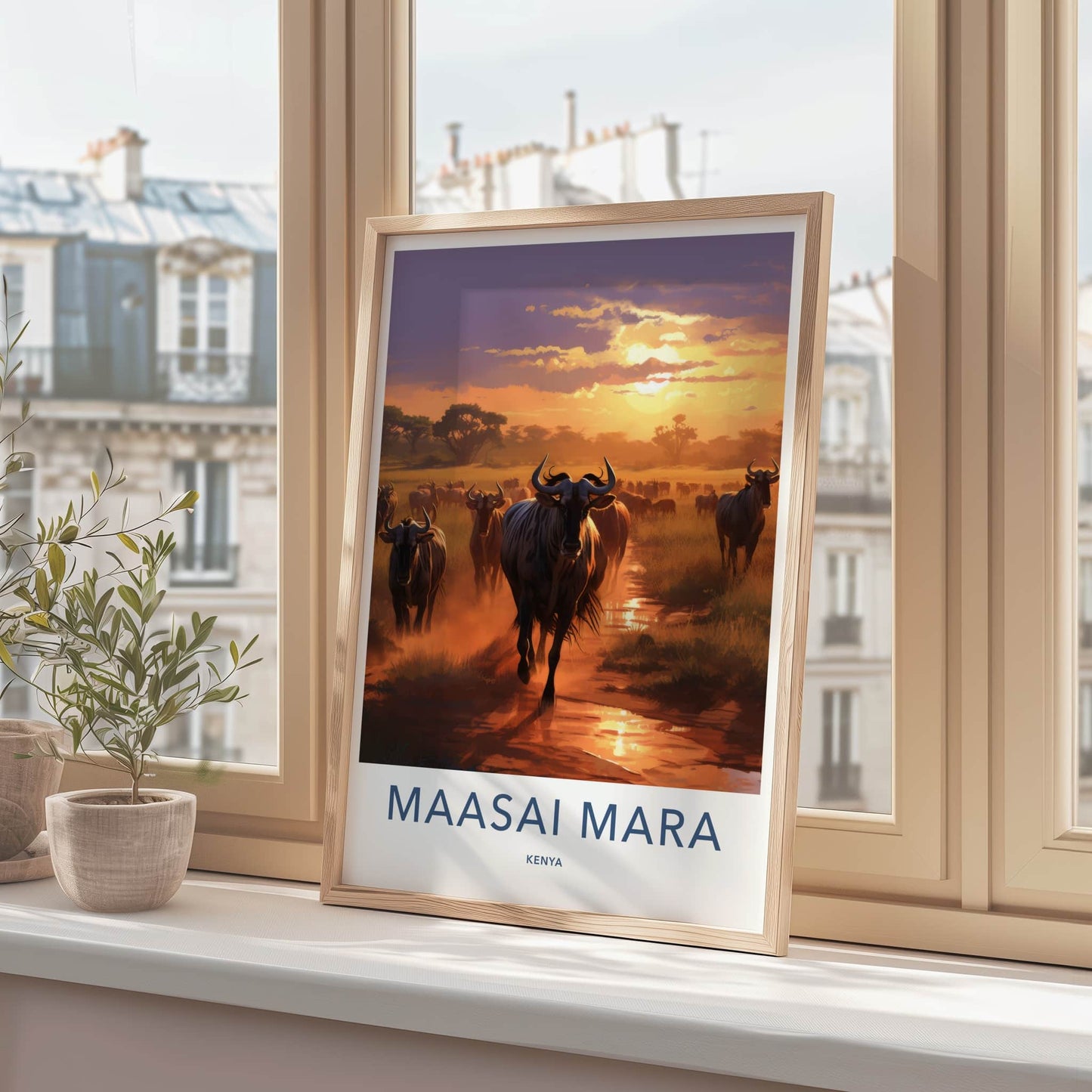 Maasai Mara Poster - Kenya Travel Art - Wildebeest Sunset Migration Home Decor