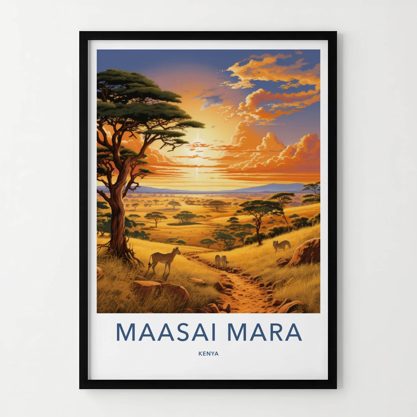 Maasai Mara Poster - Kenya Travel Print - Savanna Sunset Zebras Gift