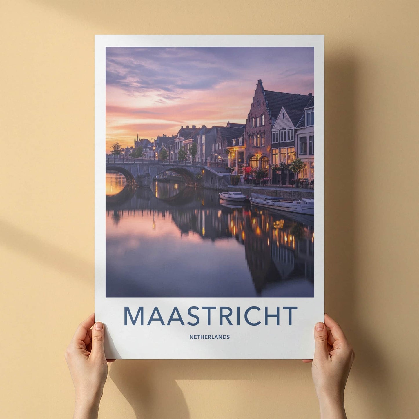 Maastricht Poster - Netherlands Travel Art - Evening Canal Lights Home Decor