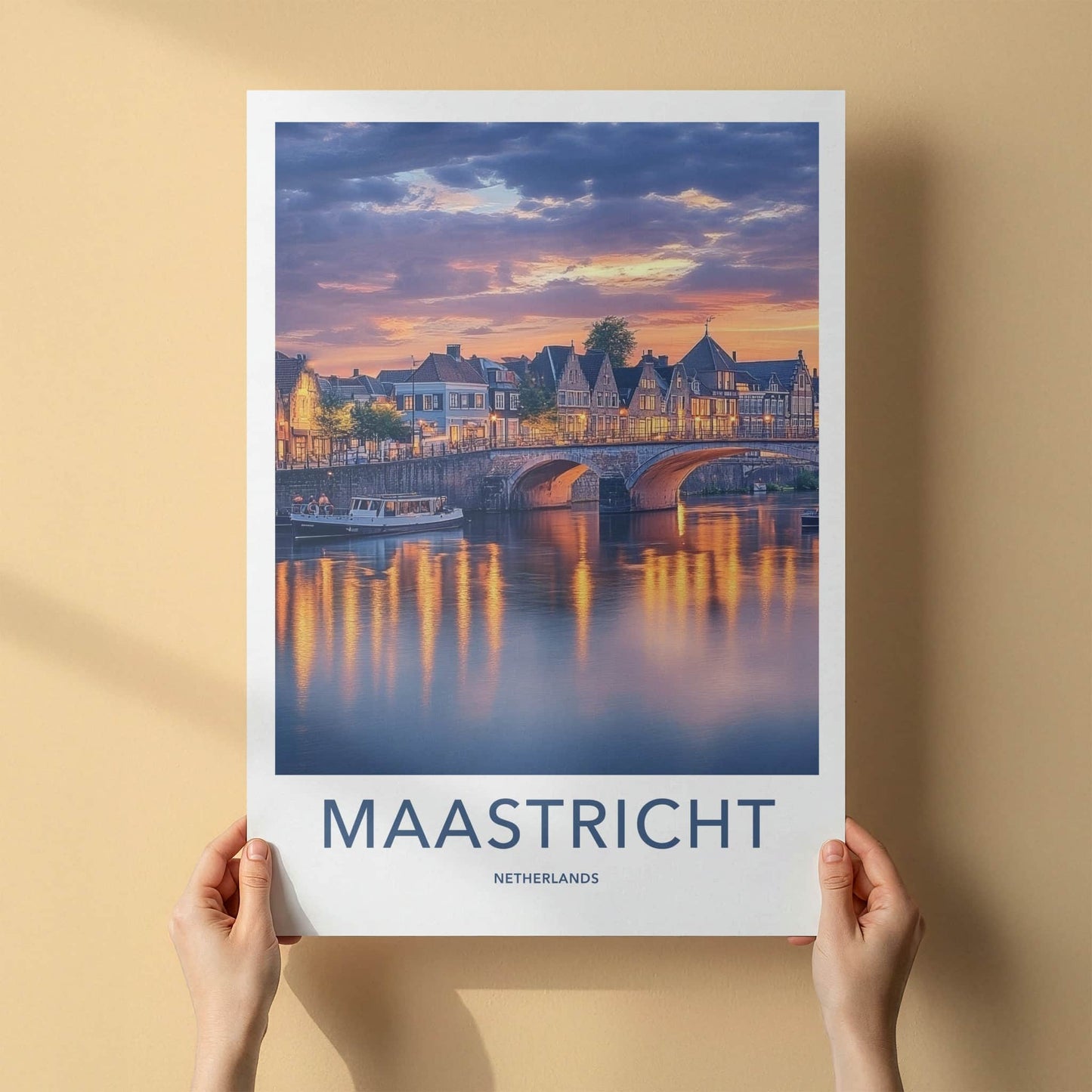 Maastricht Poster - Netherlands Travel Art - Sunset Bridge Reflections Home Decor