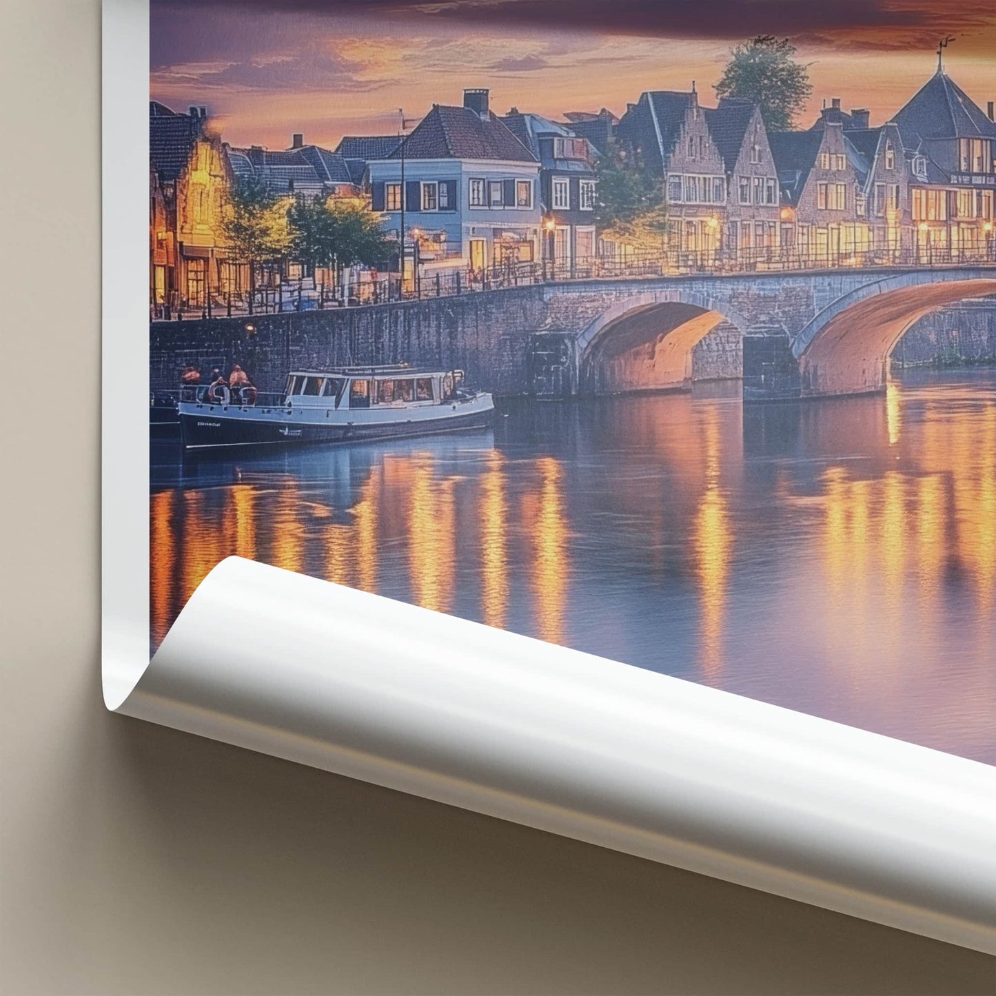 Maastricht Poster - Netherlands Travel Art - Sunset Bridge Reflections Home Decor