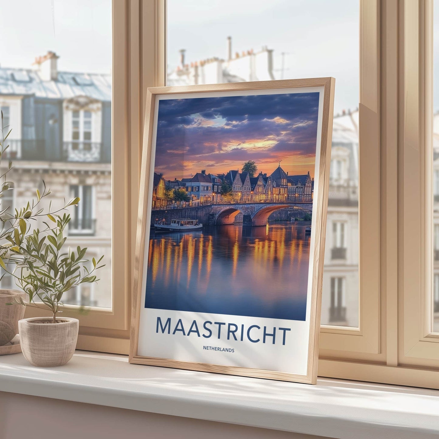 Maastricht Poster - Netherlands Travel Art - Sunset Bridge Reflections Home Decor