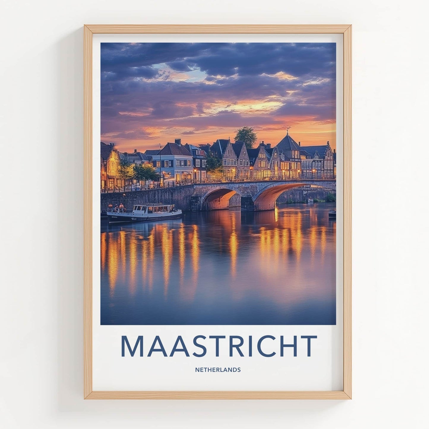 Maastricht Poster - Netherlands Travel Art - Sunset Bridge Reflections Home Decor