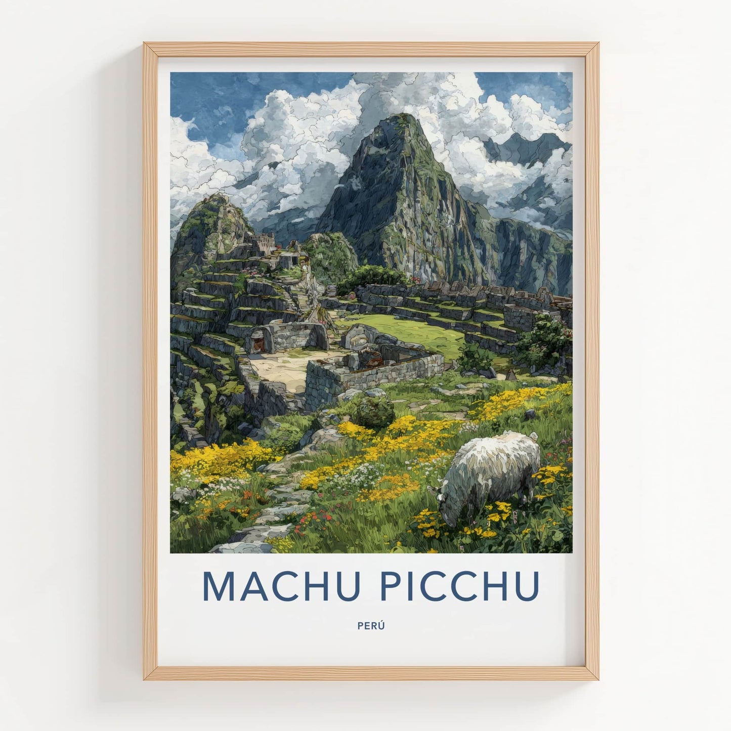 Machu Picchu Poster - Peru Travel Art - Ancient Ruins Alpaca Wall Decor