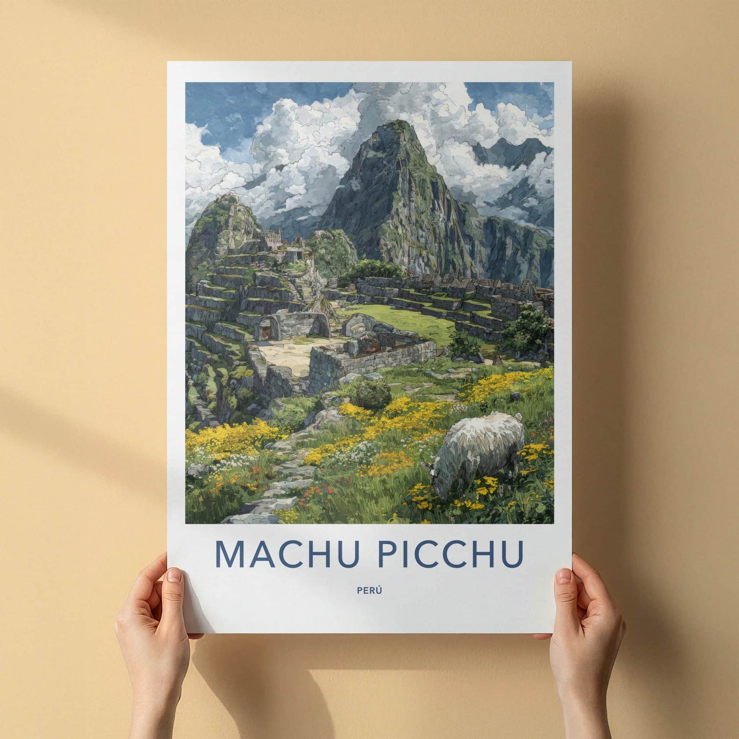 Machu Picchu Poster - Peru Travel Art - Ancient Ruins Alpaca Wall Decor