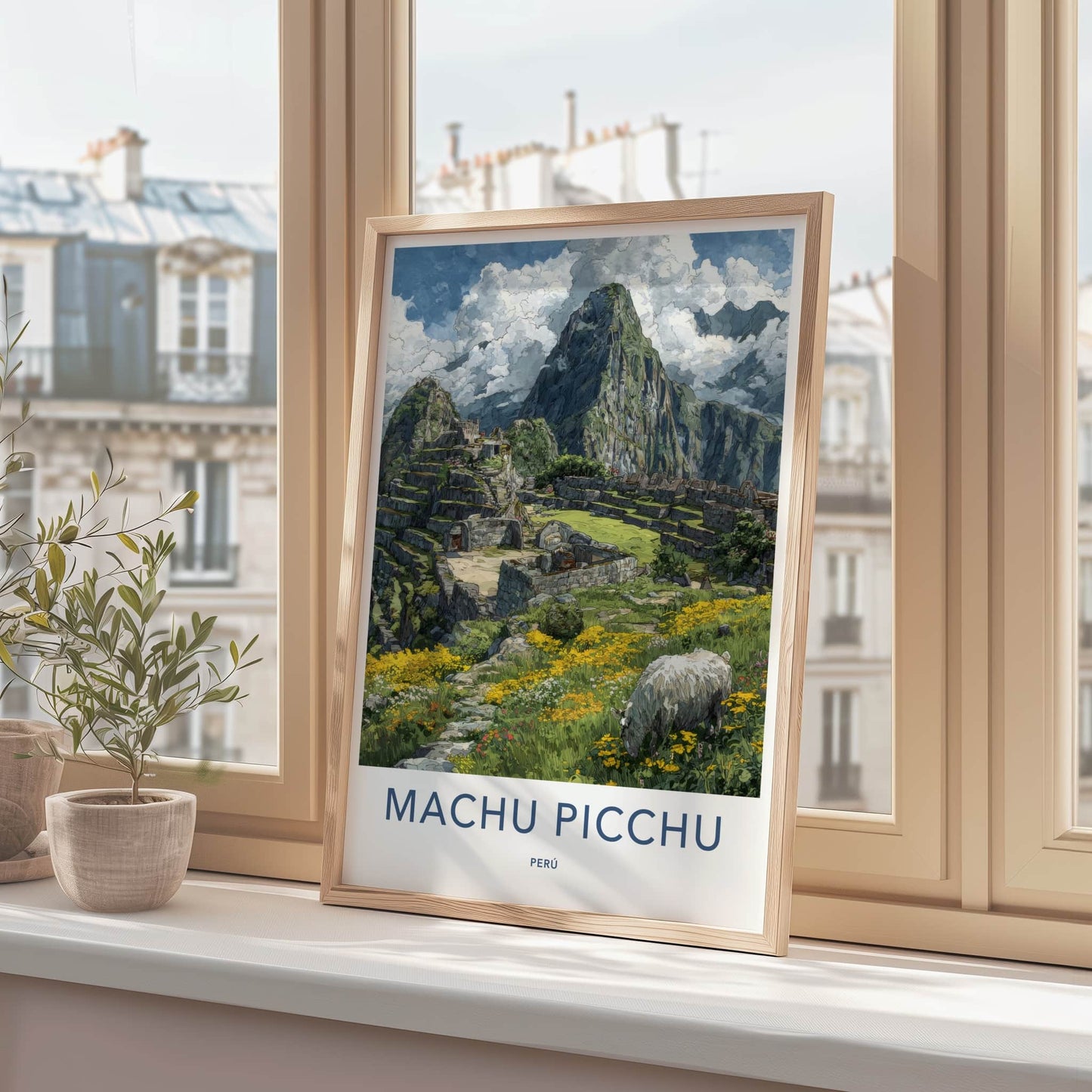 Machu Picchu Poster - Peru Travel Art - Ancient Ruins Alpaca Wall Decor