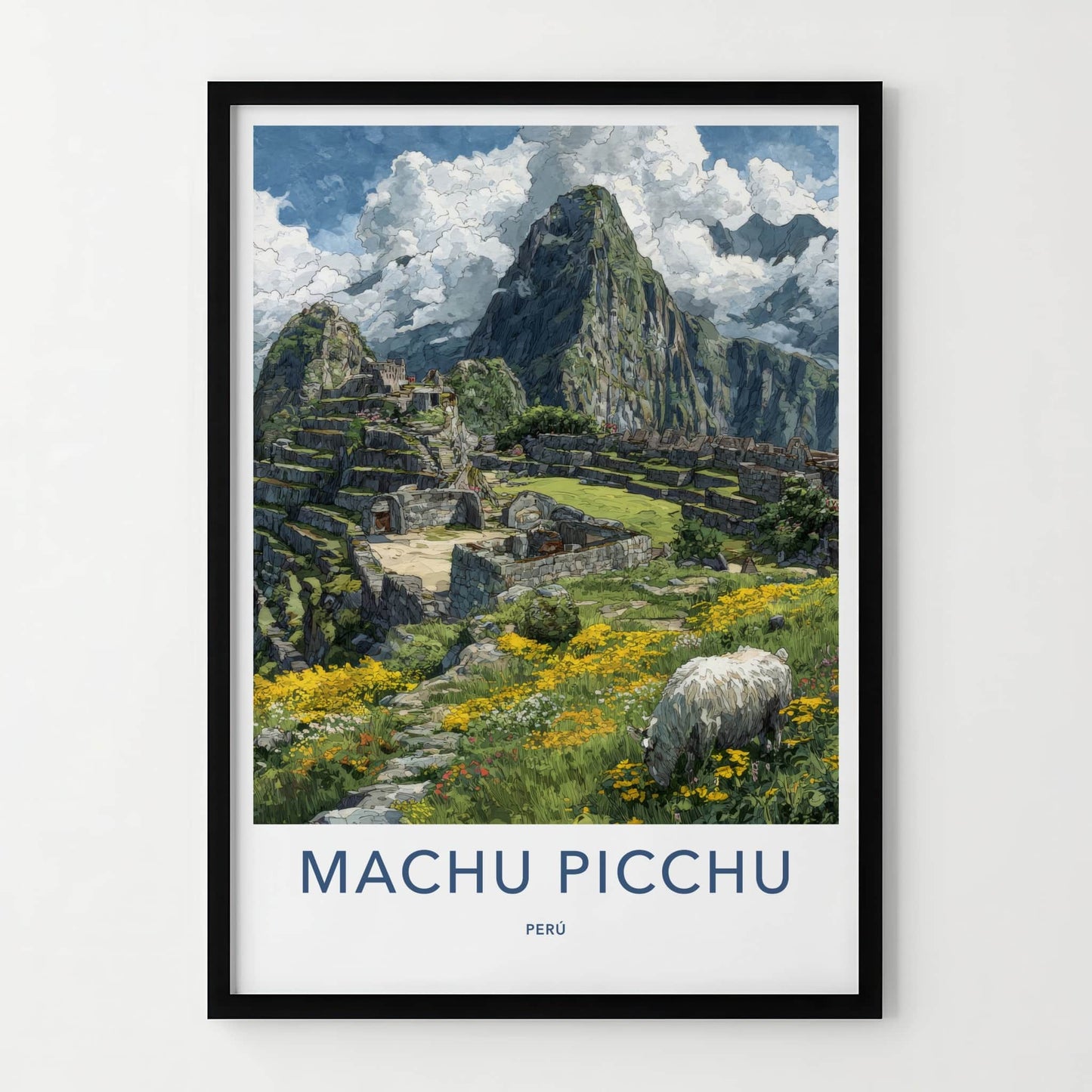 Machu Picchu Poster - Peru Travel Art - Ancient Ruins Alpaca Wall Decor