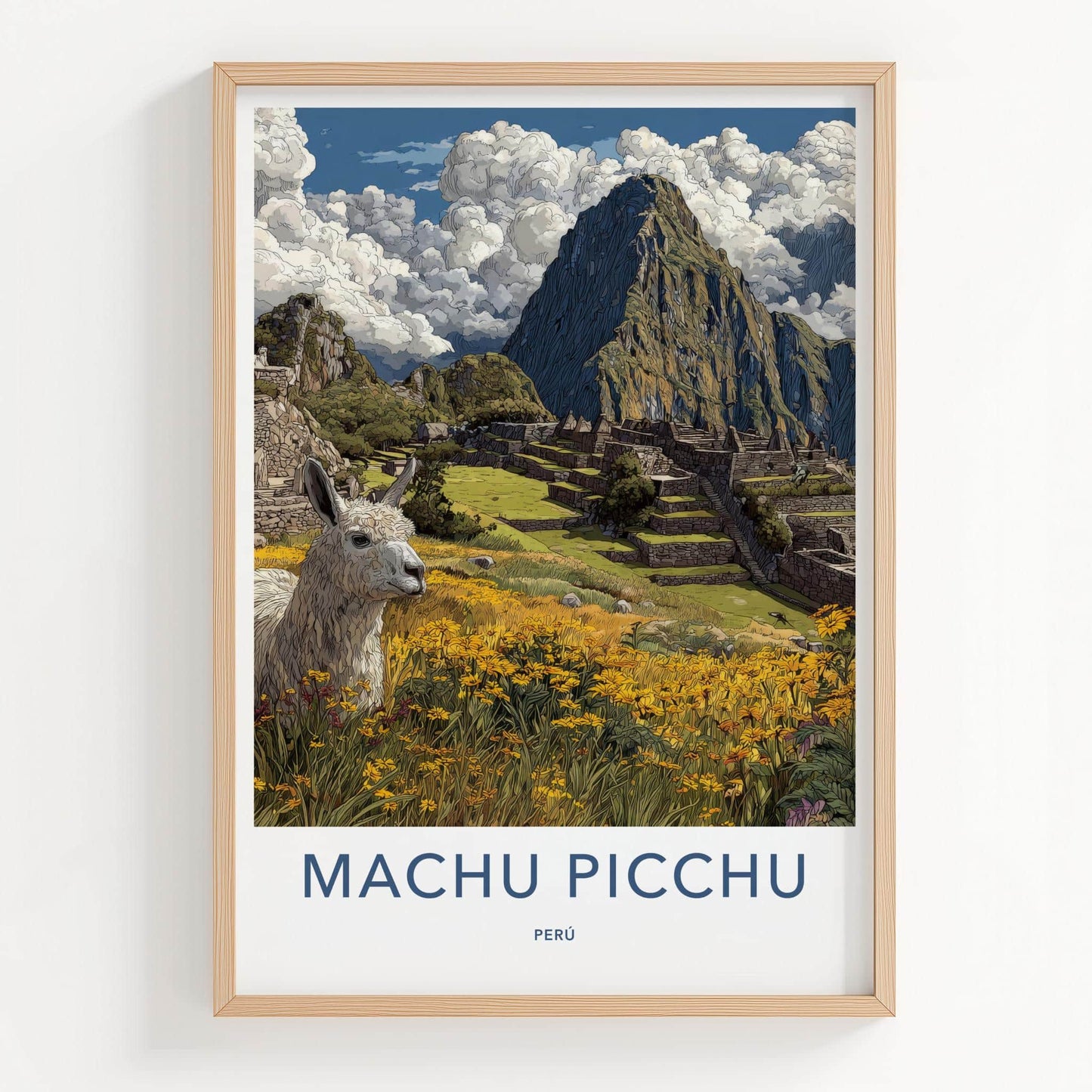 Machu Picchu Poster - Peru Travel Art - Llama Flower Foreground Wall Decor