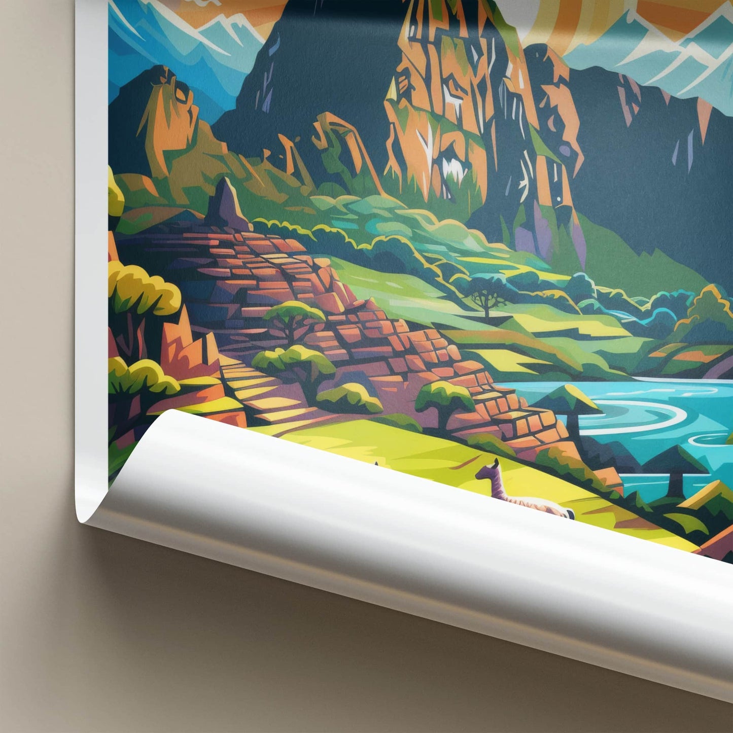 Machu Picchu Poster - Peru Travel Art - Llamas Mountain Sunset Wall Decor