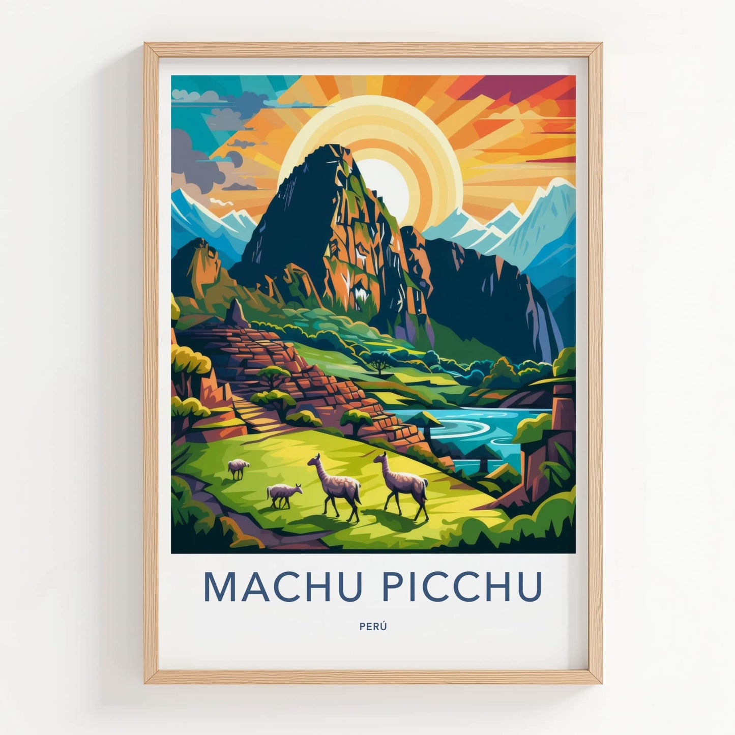 Machu Picchu Poster - Peru Travel Art - Llamas Mountain Sunset Wall Decor
