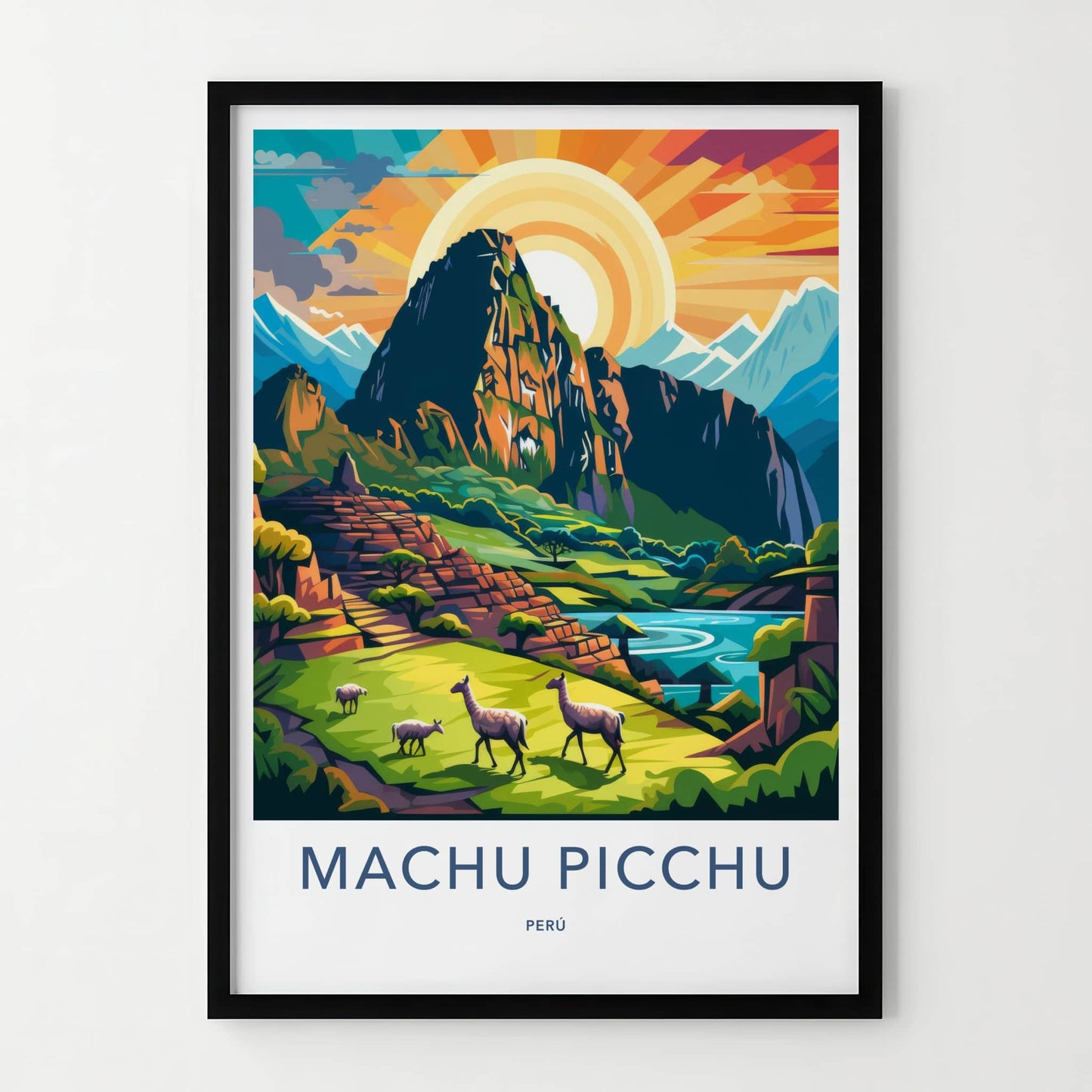 Machu Picchu Poster - Peru Travel Art - Llamas Mountain Sunset Wall Decor