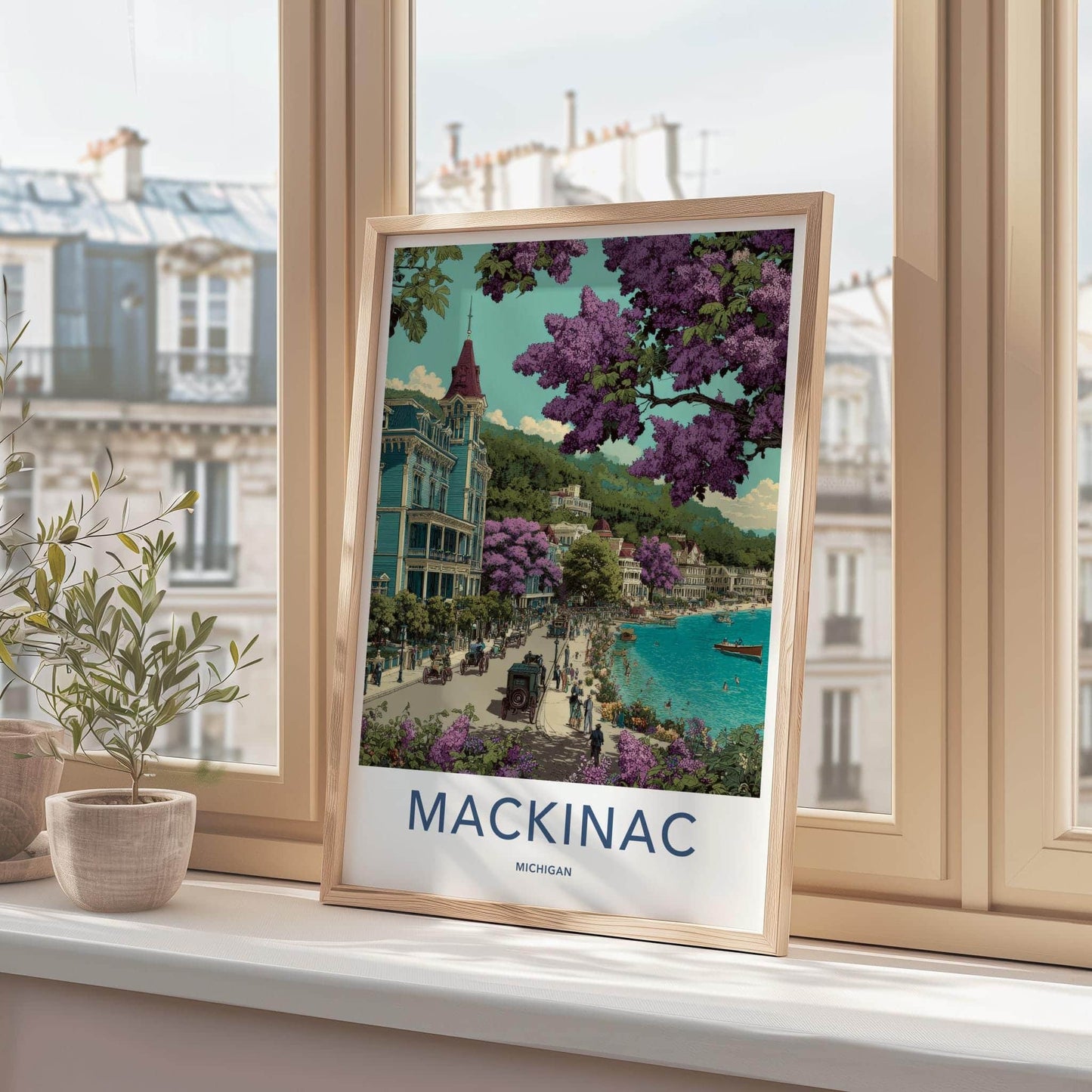 Mackinac Poster - Michigan Travel Art - Victorian Lakeside Street Home Decor