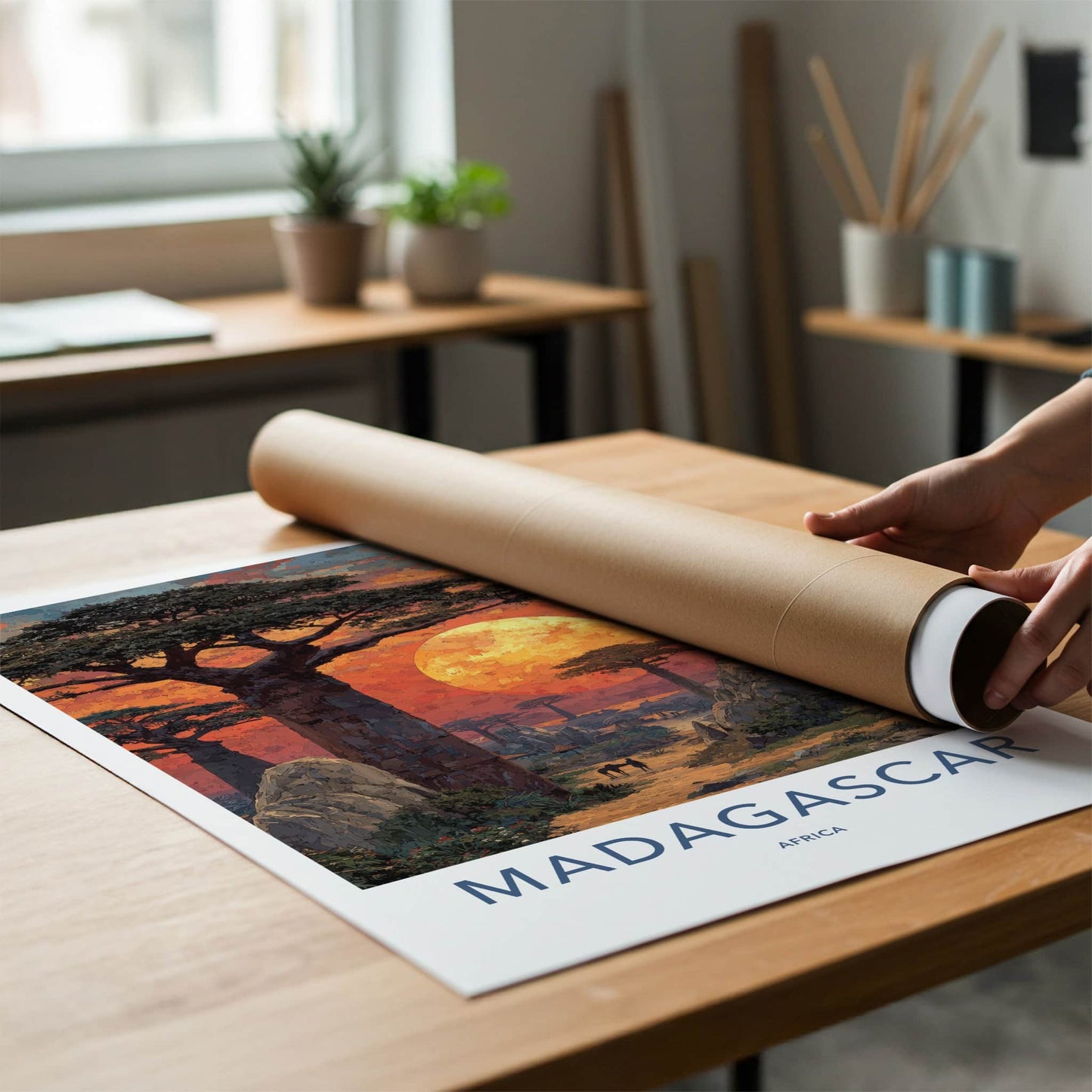 Madagascar Poster - Africa Travel Art - Baobab Orange Sunset Home Decor
