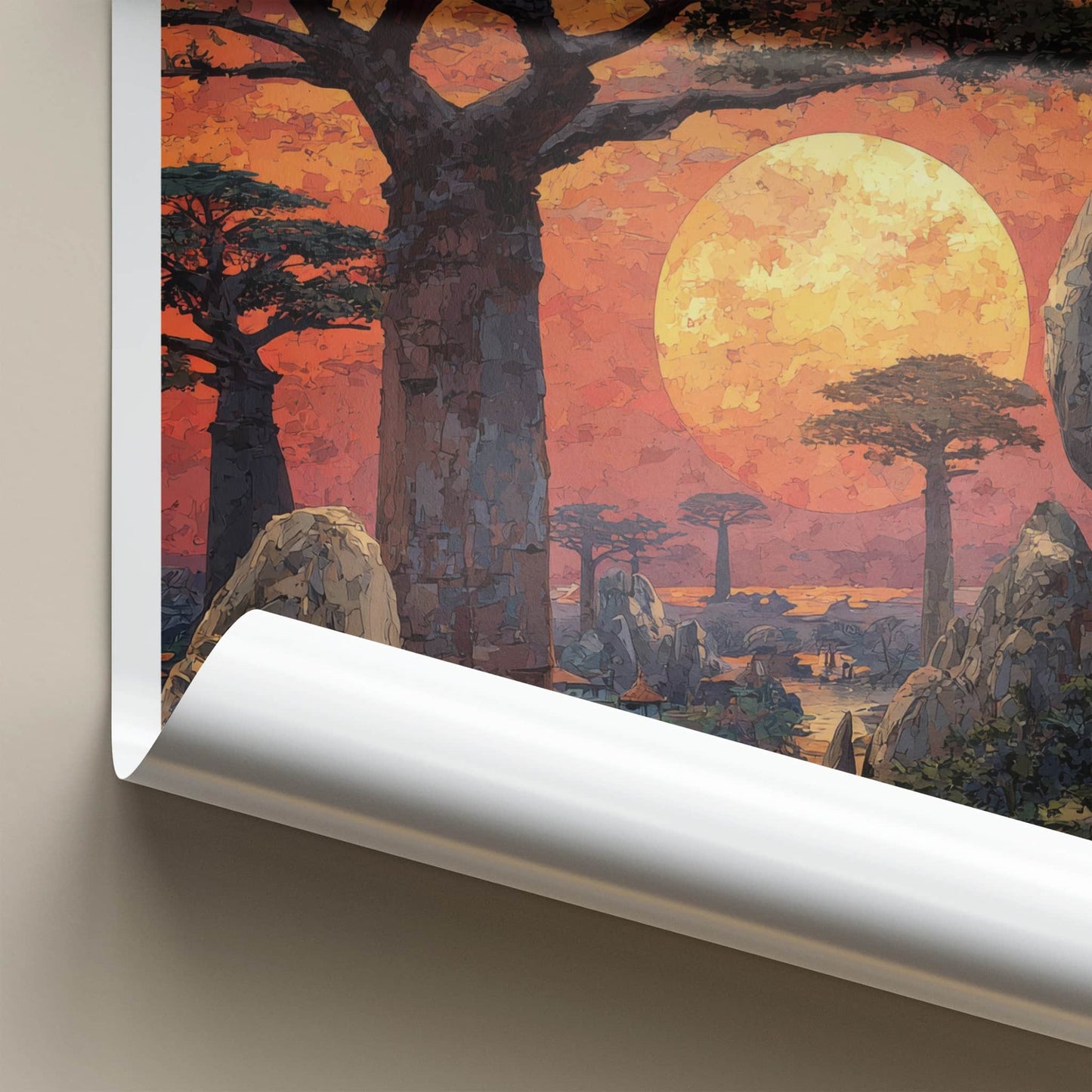 Madagascar Poster - Africa Travel Art - Baobab Orange Sunset Home Decor