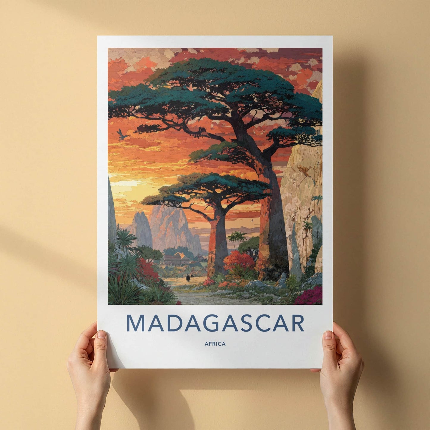 Madagascar Poster - Africa Travel Art - Giant Baobab Sunset Home Decor
