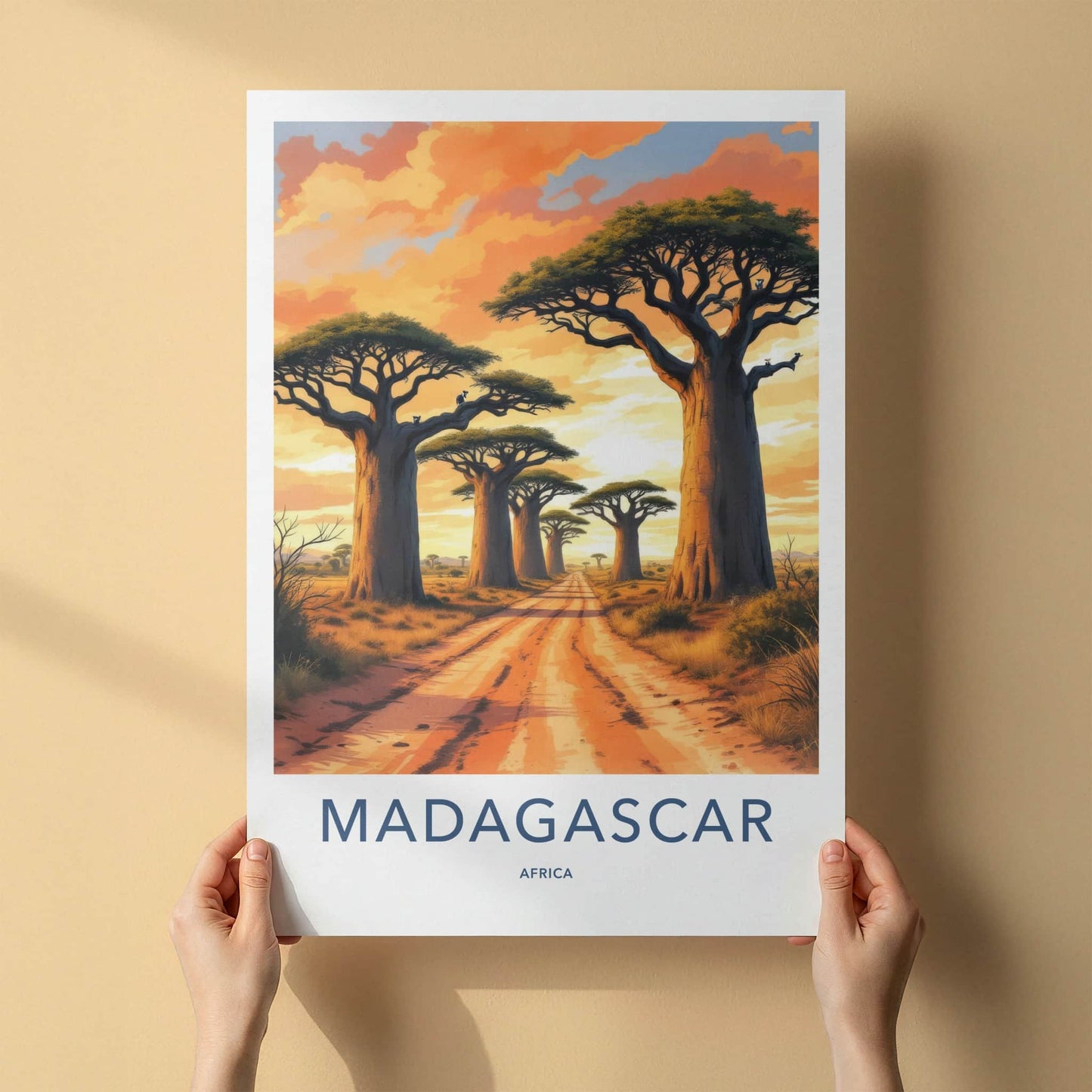 Madagascar Poster - Africa Travel Art - Vibrant Sunset Baobabs Home Decor