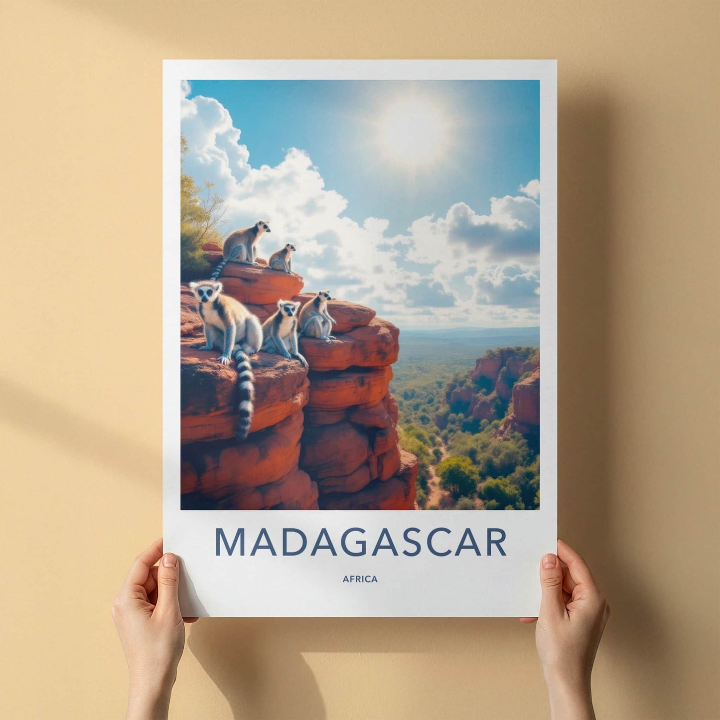 Madagascar Poster - Madagascar Travel Art - Sunlit Lemurs Perched Home Decor