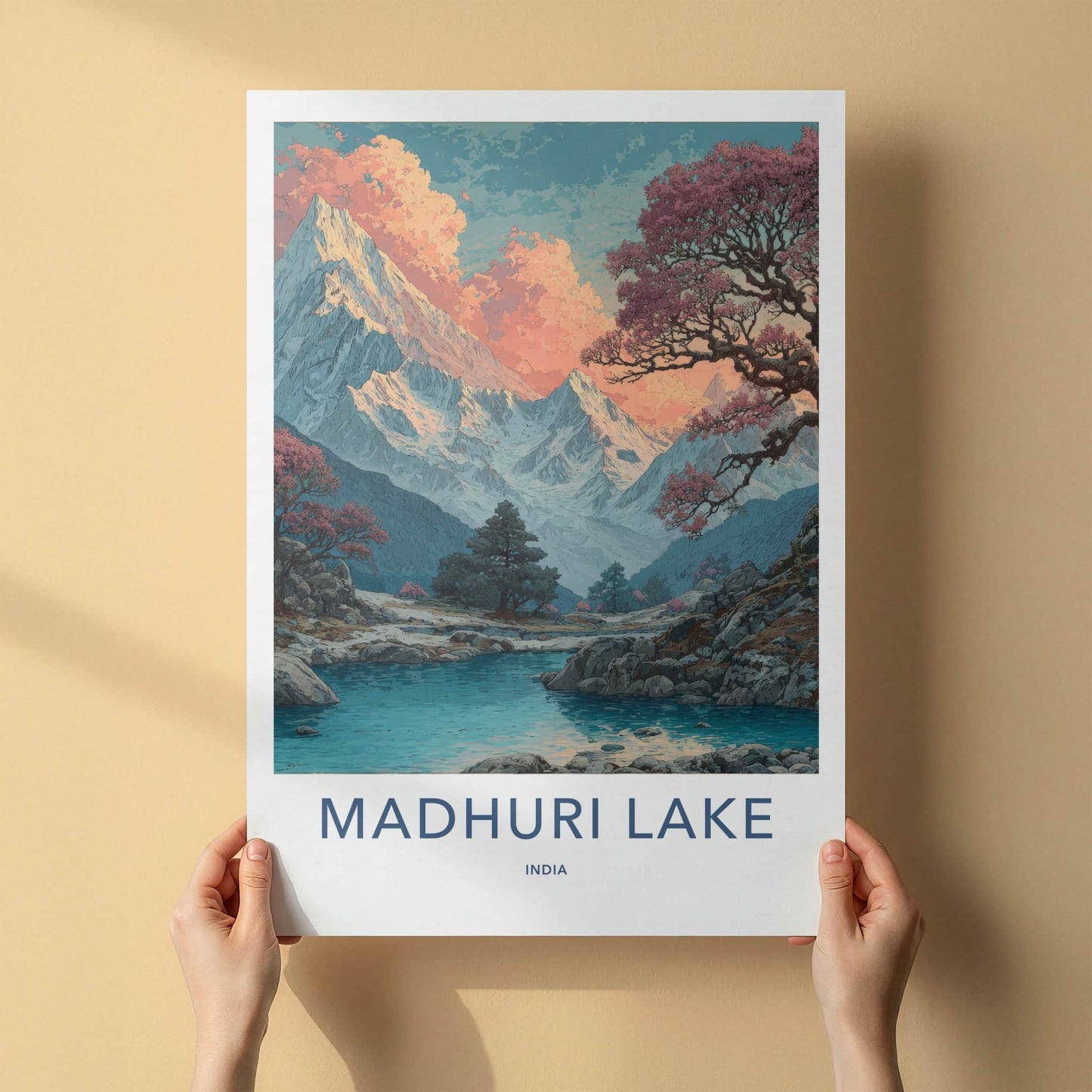 Madhuri Lake Poster - India Travel Art - Pink Sunset Peaks Home Decor
