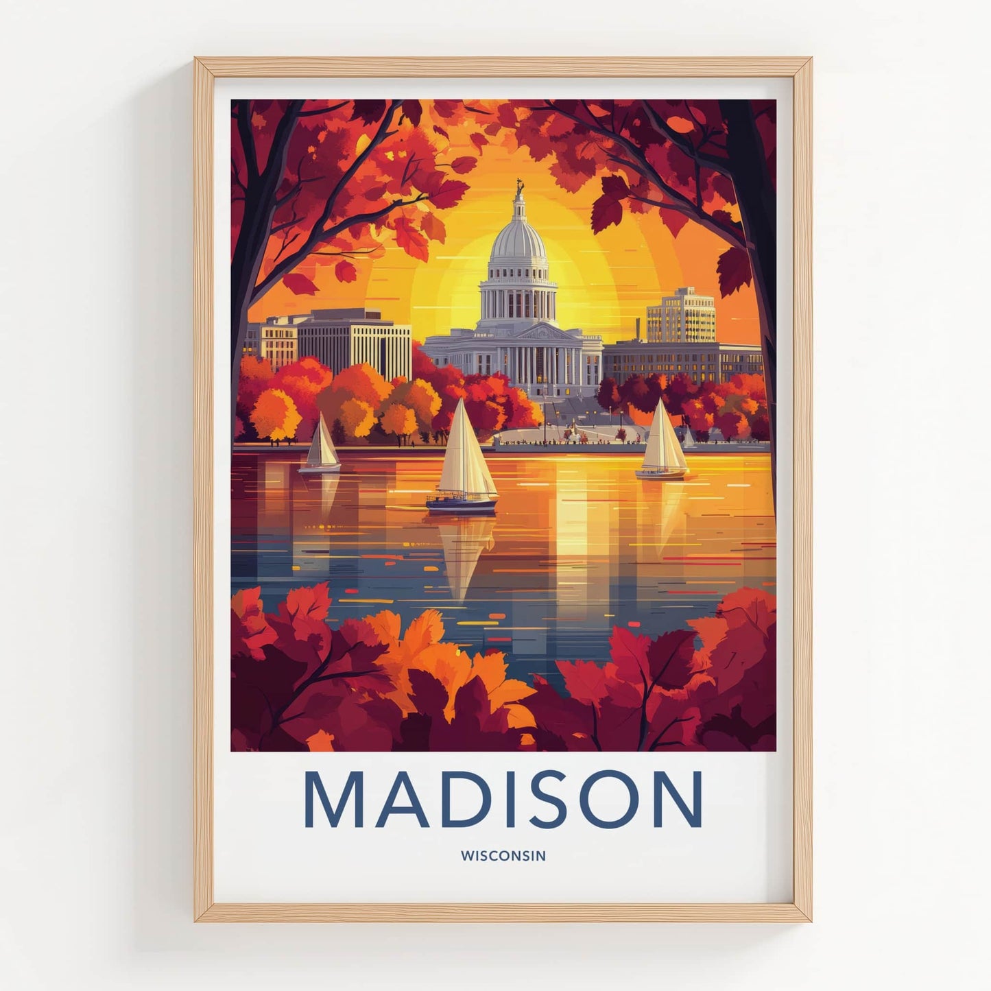 Madison Poster - Wisconsin Travel Art - Autumn Lake Sunset Home Decor