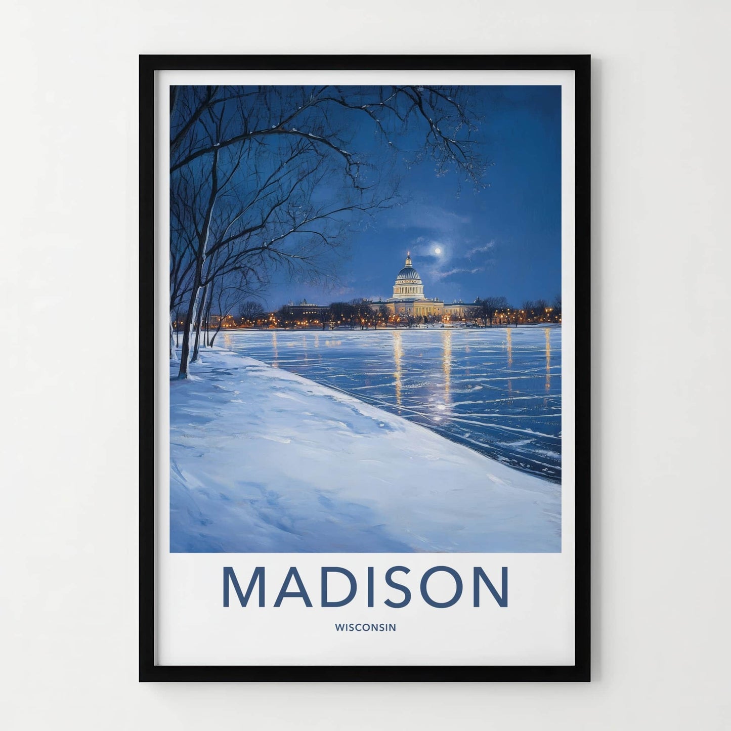 Madison Poster - Wisconsin Travel Art - Moonlit Capitol Reflection Wall Decor
