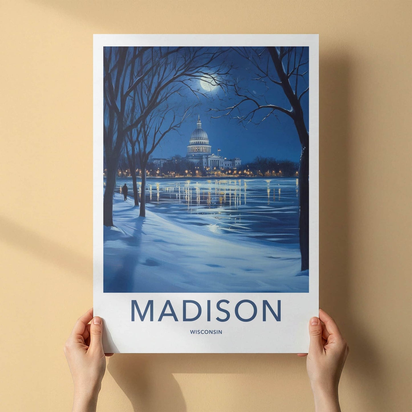 Madison Poster - Wisconsin Travel Art - Moonlit Winter Capitol Home Decor
