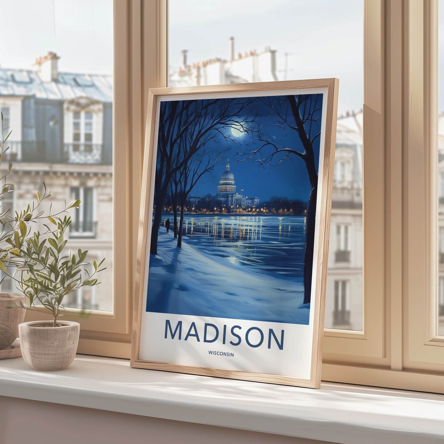 Madison Poster - Wisconsin Travel Art - Moonlit Winter Capitol Home Decor