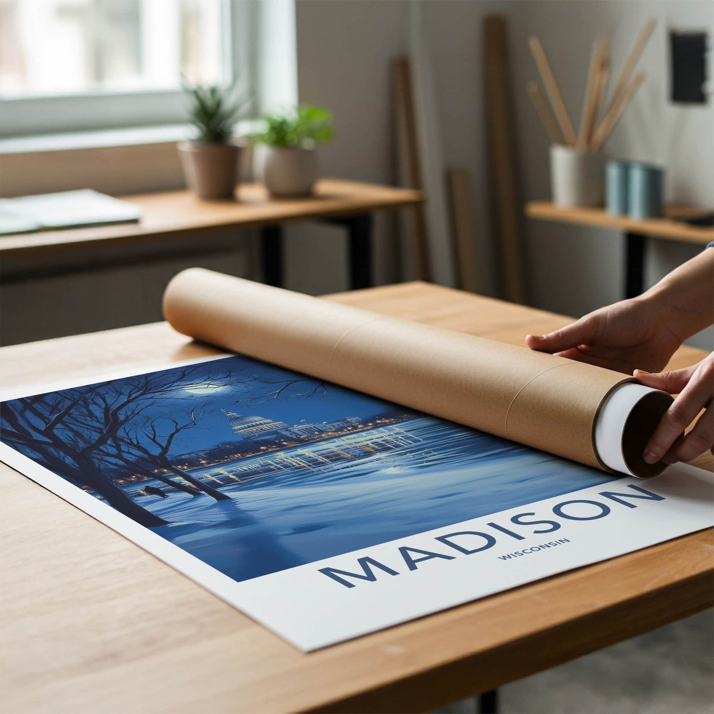 Madison Poster - Wisconsin Travel Art - Moonlit Winter Capitol Home Decor
