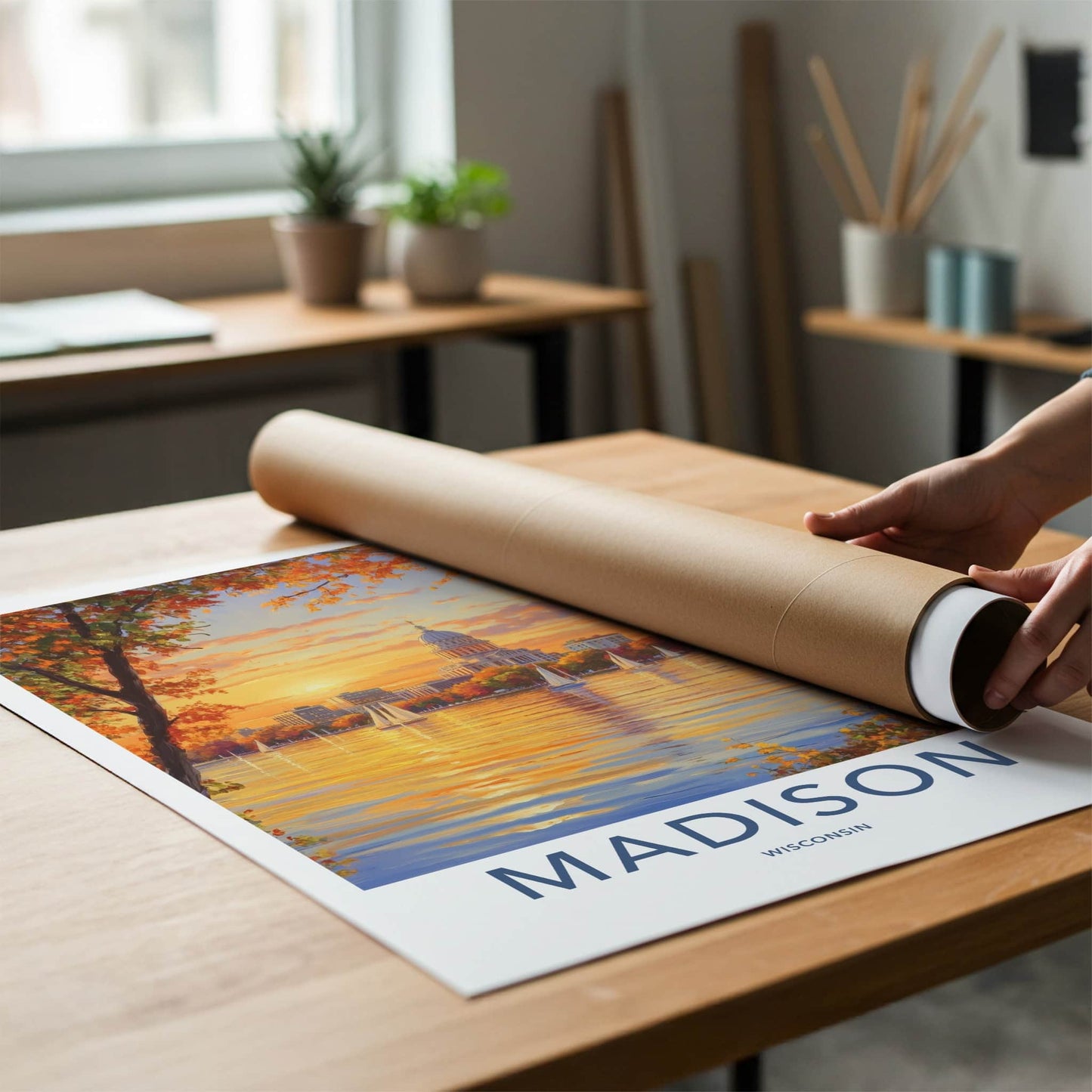 Madison Poster - Wisconsin Travel Print - Golden Lake Reflections Home Decor
