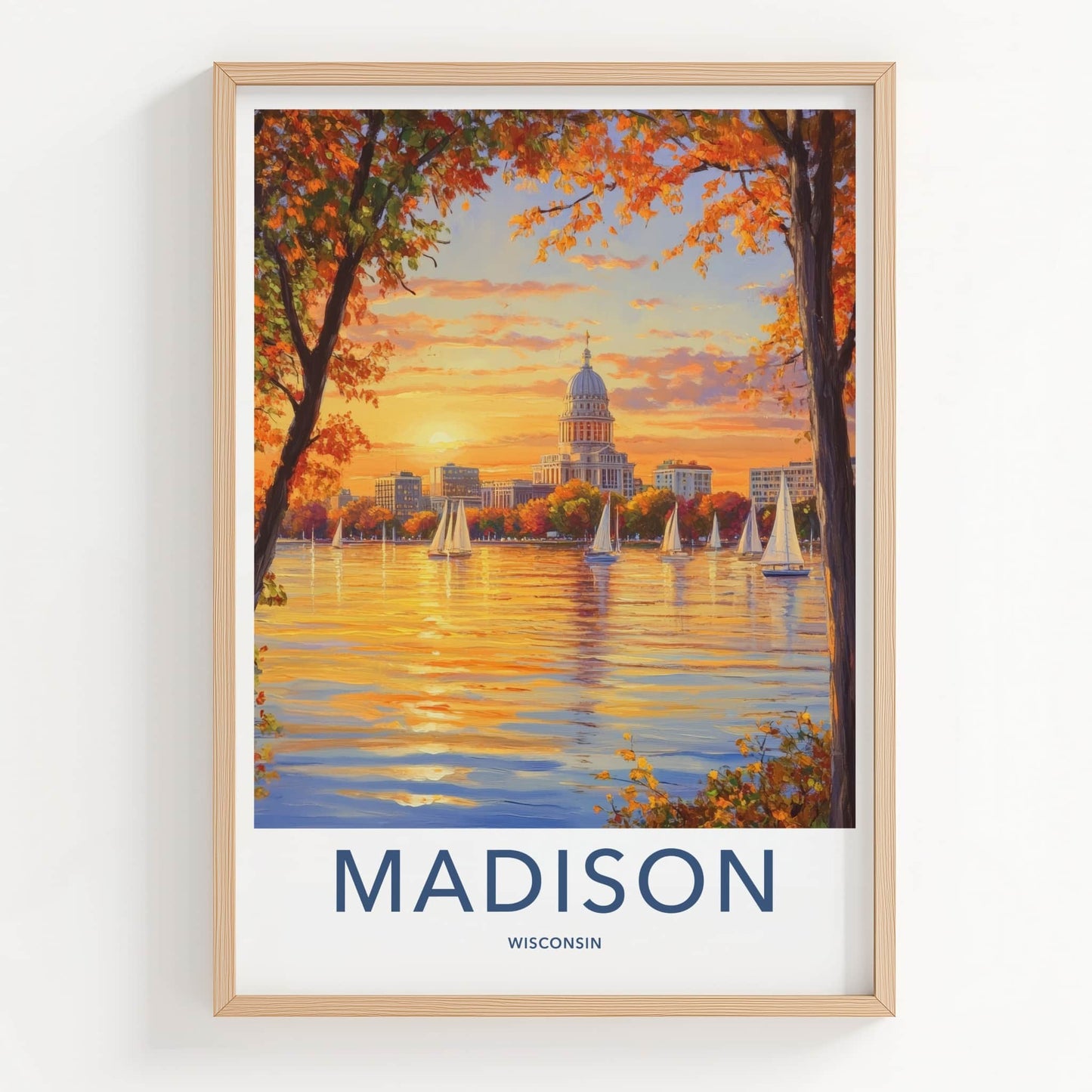 Madison Poster - Wisconsin Travel Print - Golden Lake Reflections Home Decor