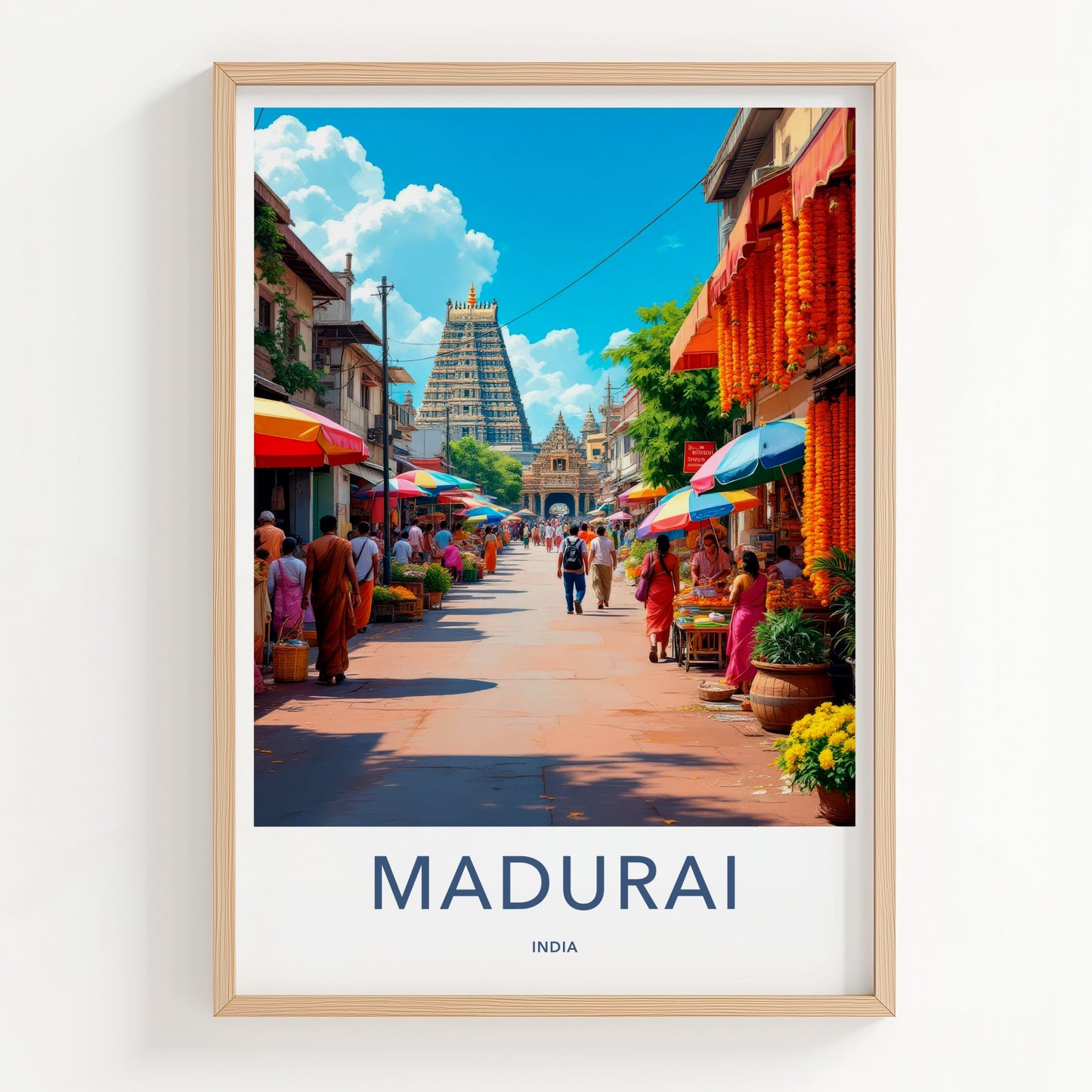 Madurai Poster - India Travel Art - Tamil Nadu Bustling Market Temple Home Decor