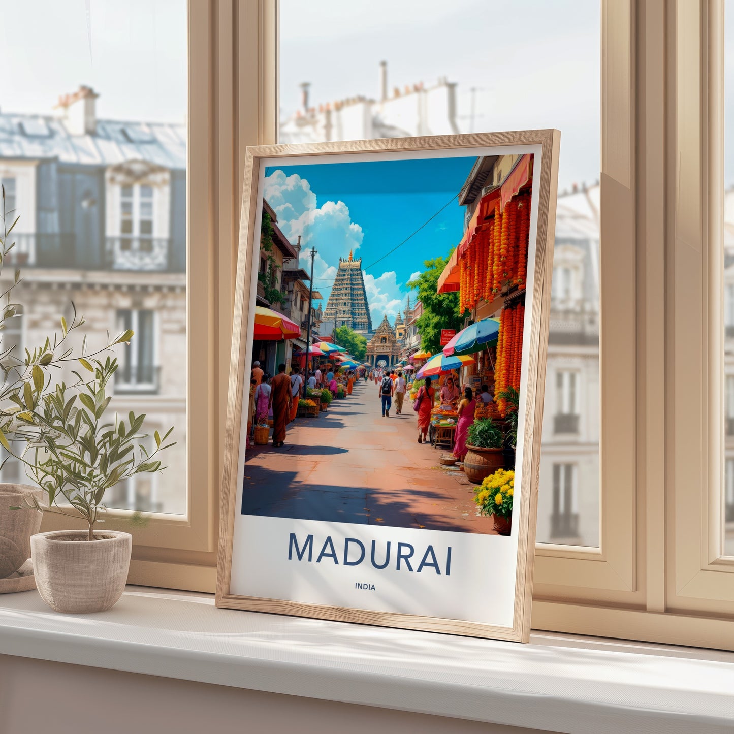 Madurai Poster - India Travel Art - Tamil Nadu Bustling Market Temple Home Decor