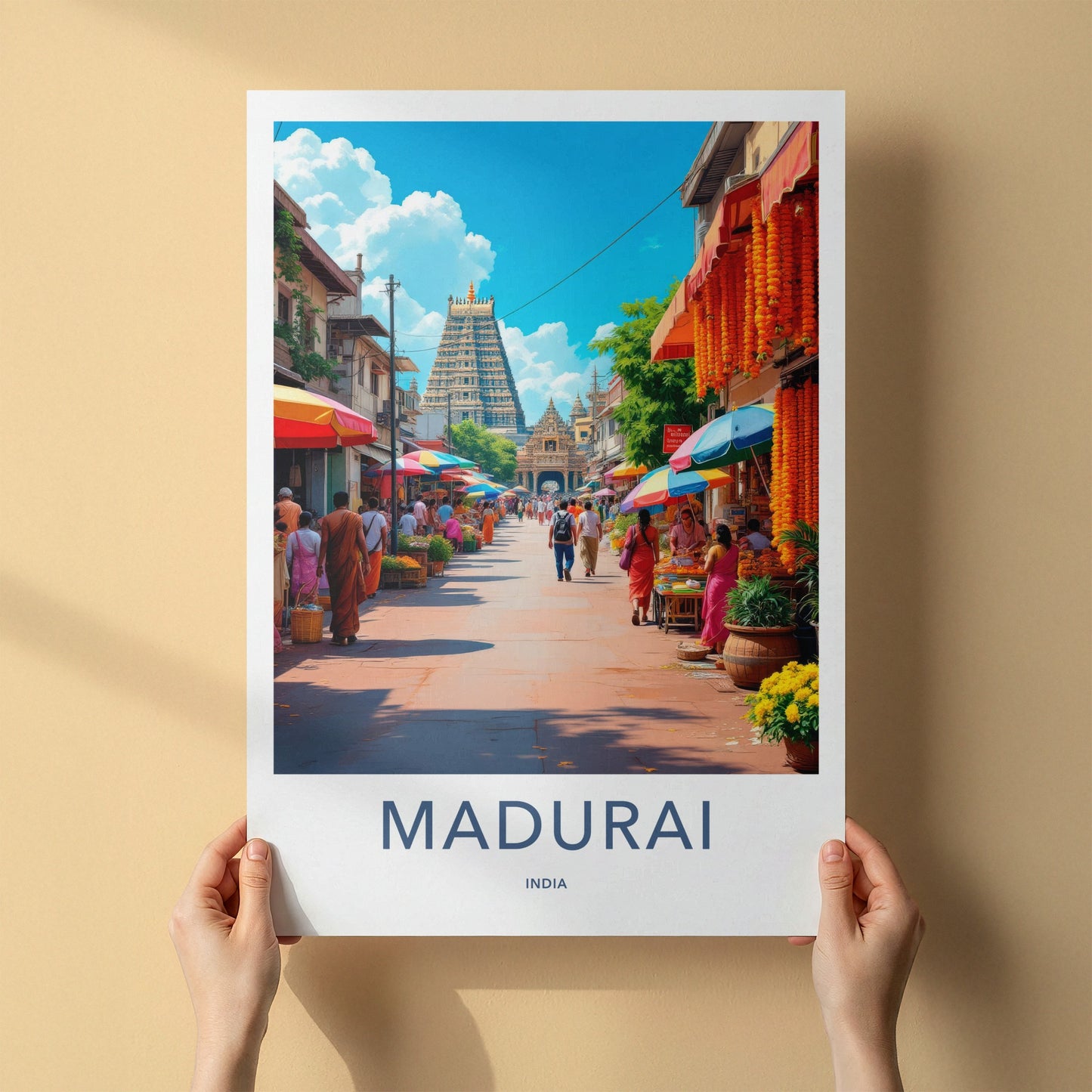 Madurai Poster - India Travel Art - Tamil Nadu Bustling Market Temple Home Decor
